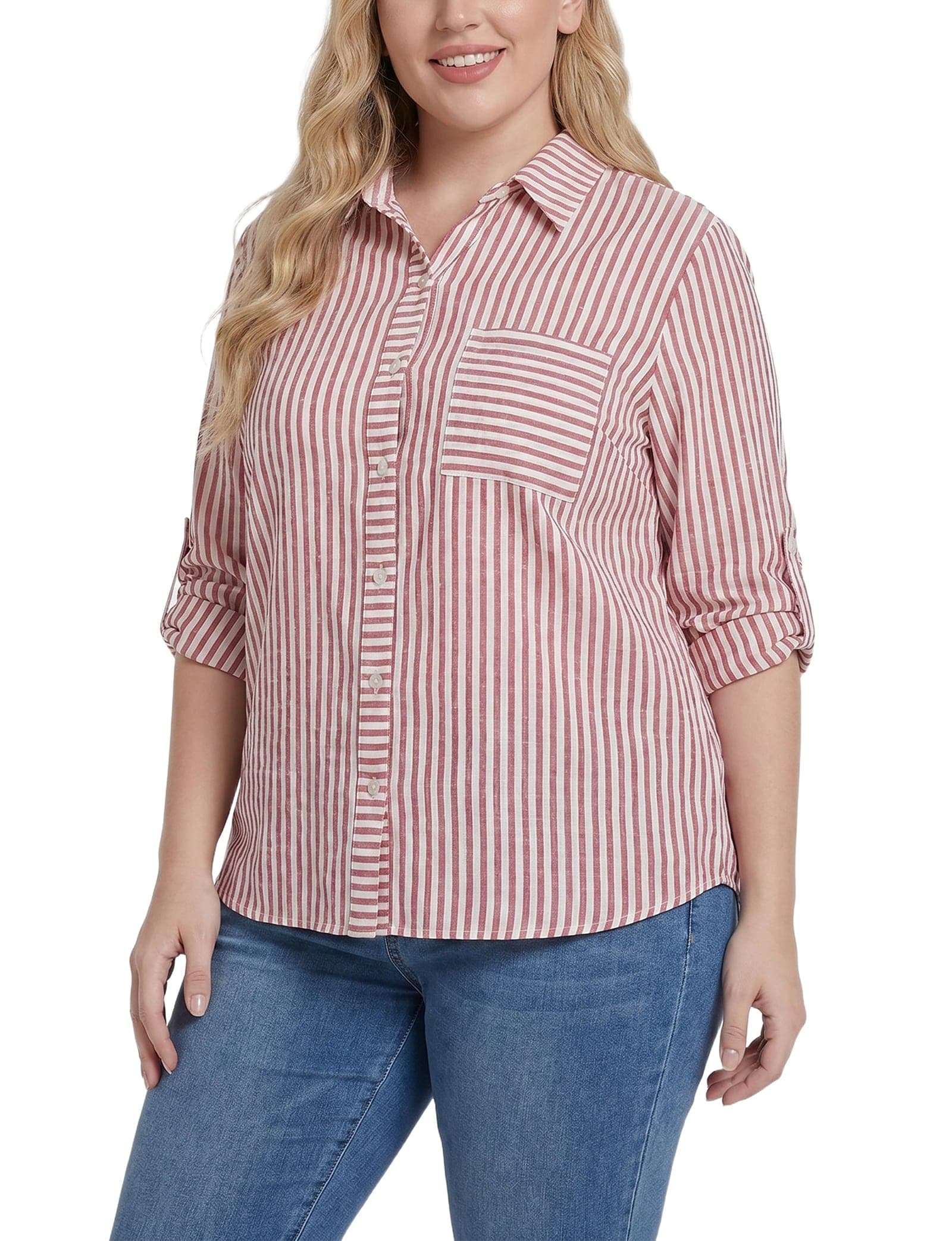 Plus Size 3/4 Sleeve Roll Tab Blouse