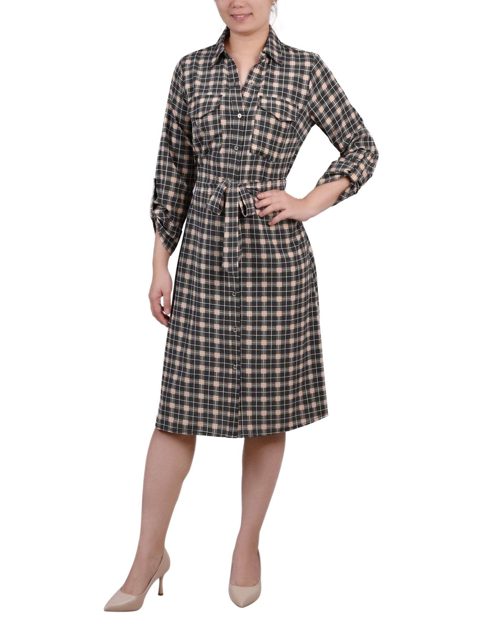 Petite 3/4 Roll Tab Sleeve Belted Shirtdress