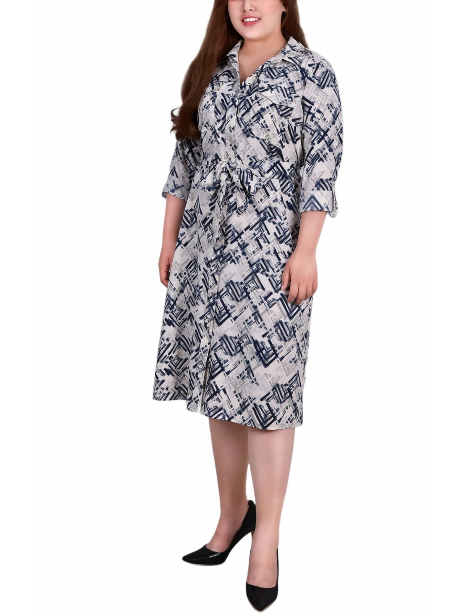 Plus Size Long Sleeve Roll Tab Shirtdress