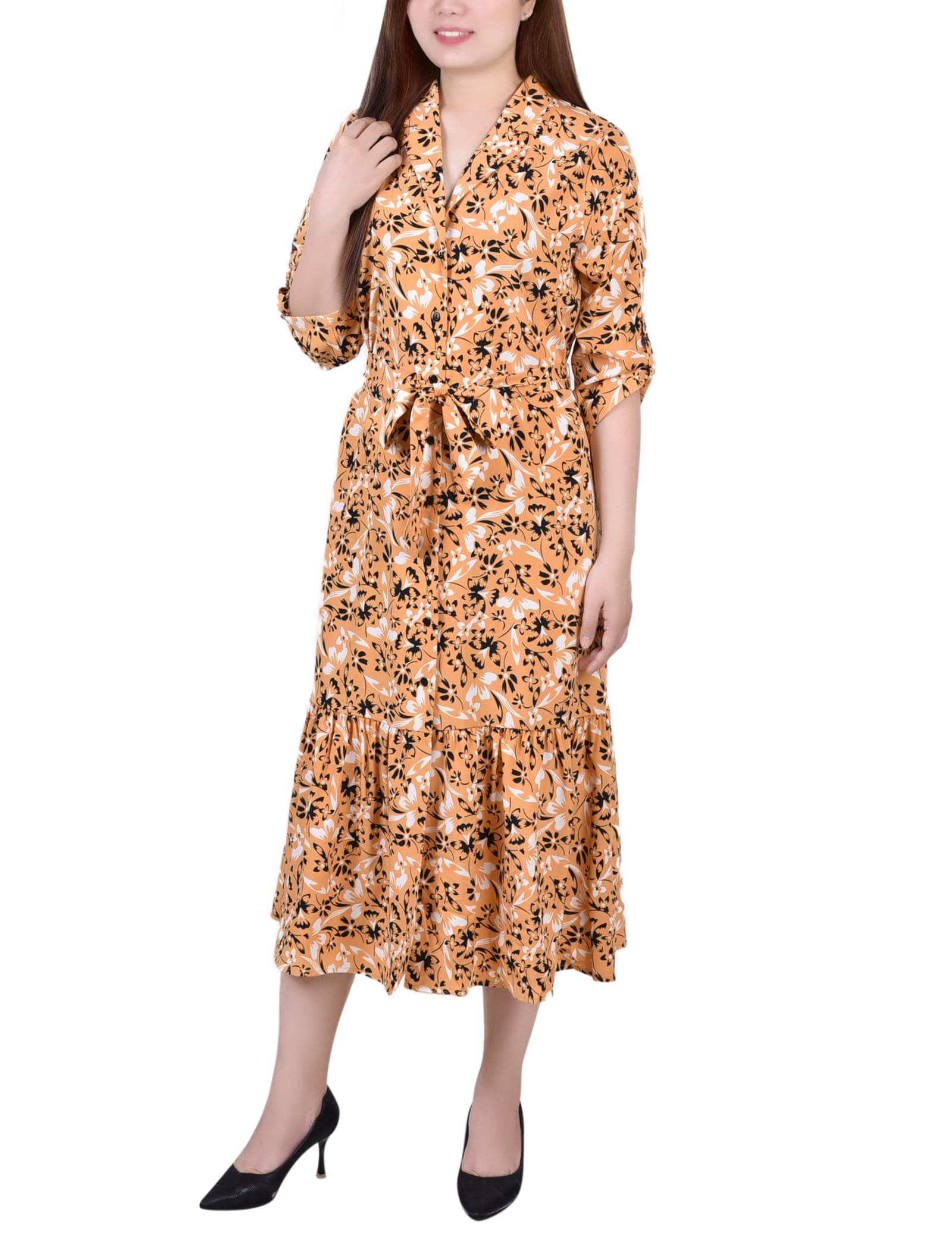 Long Sleeve Tiered Dress with Belt