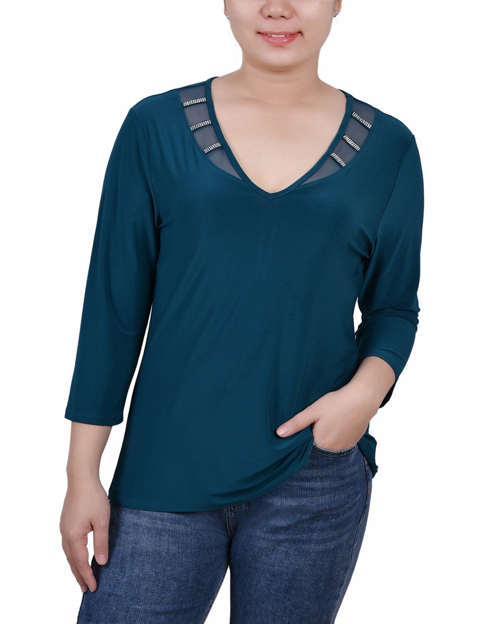 Petite 3/4 Sleeve Top with Illusion Neckline and Stones