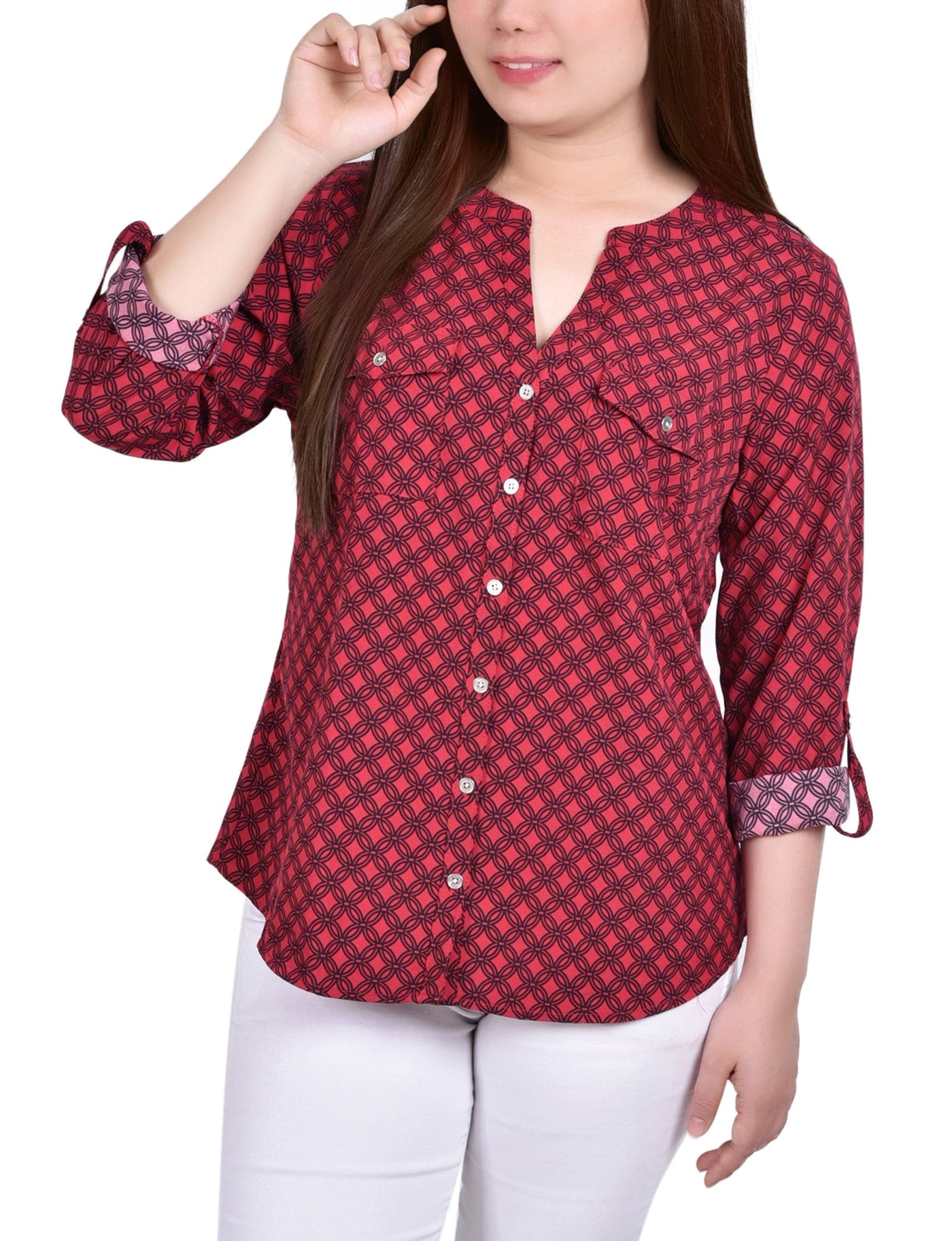 3/4 Roll Tab Sleeve Mandarin Collar Blouse