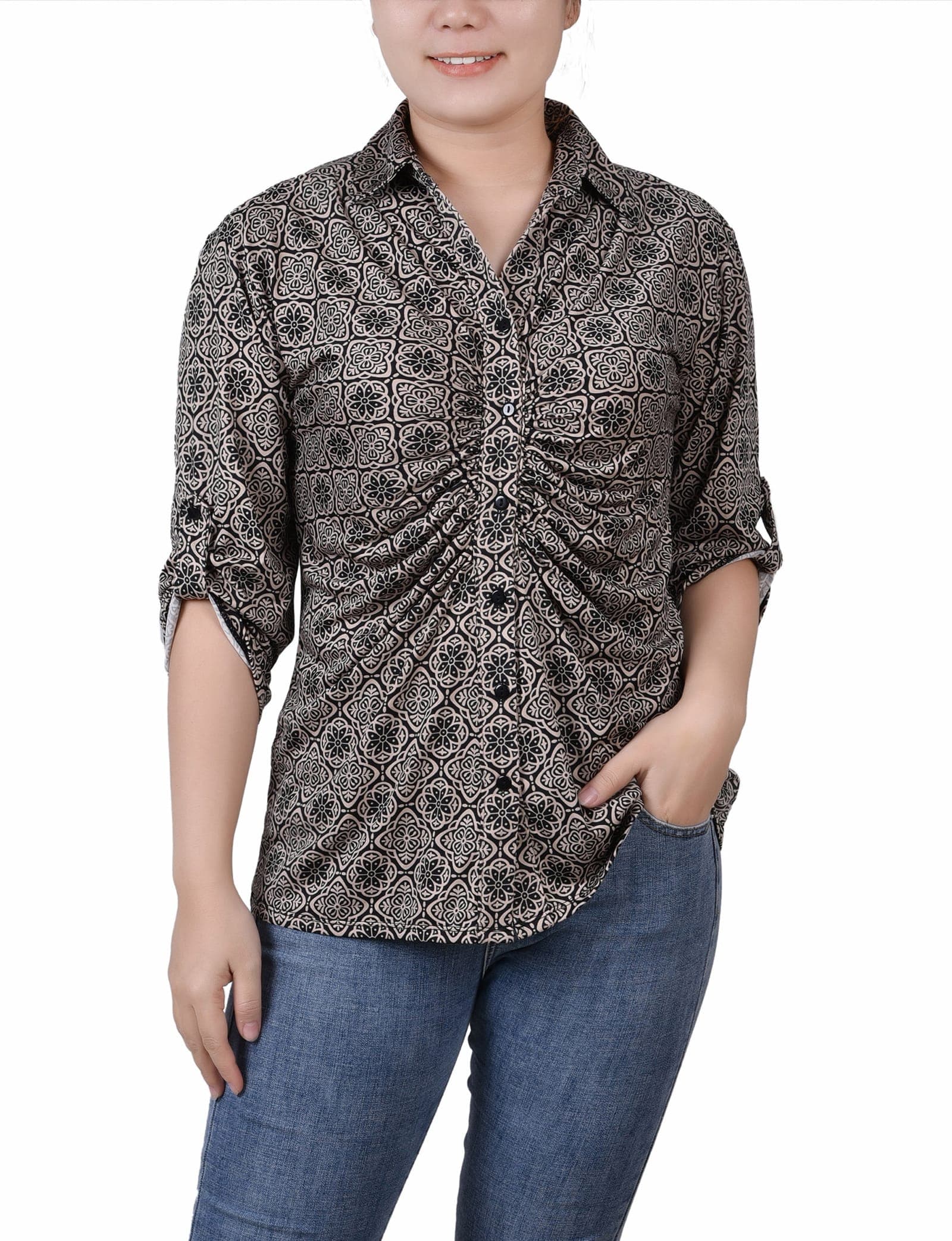 Petite 3/4 Roll Tab Rouched-Front Top
