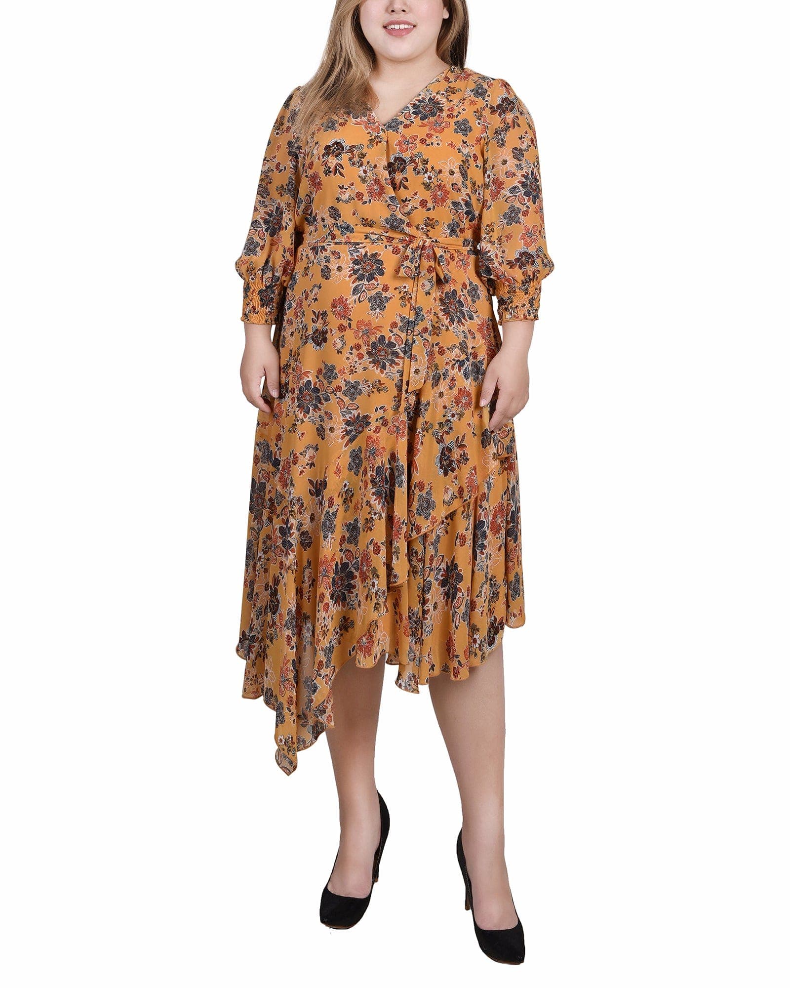 Plus Size 3/4 Sleeve Belted Chiffon Handkerchief Hem Dress