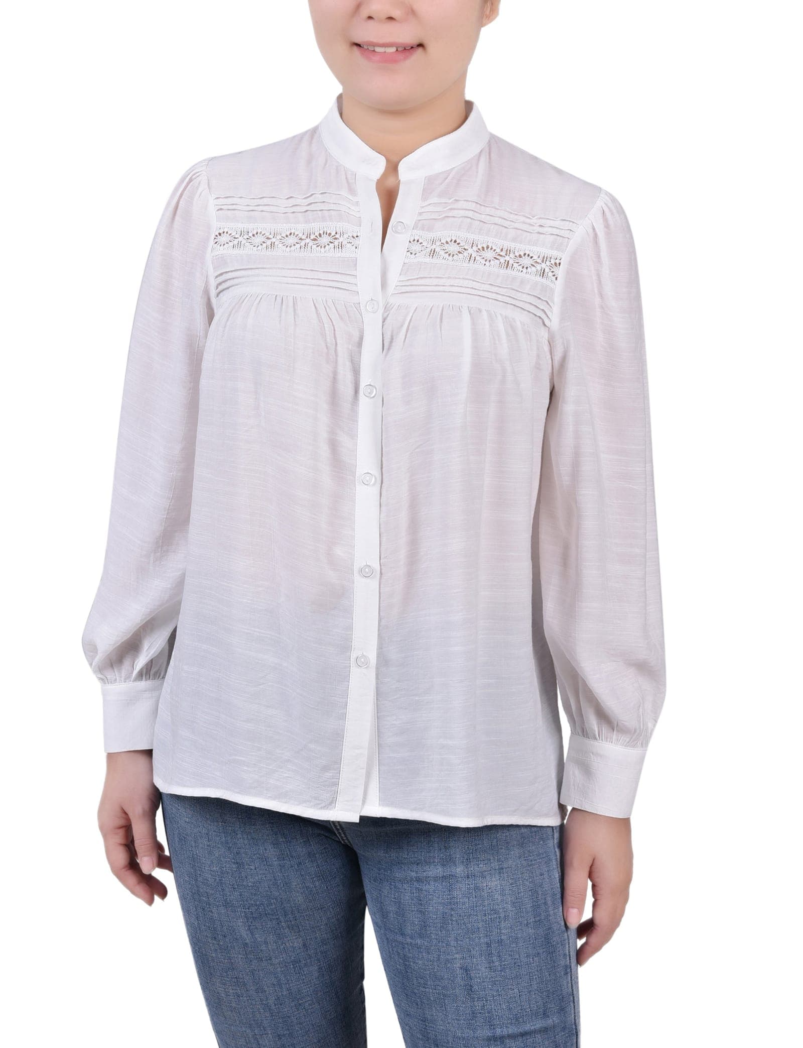 Petite Long Sleeve Crochet Blouse
