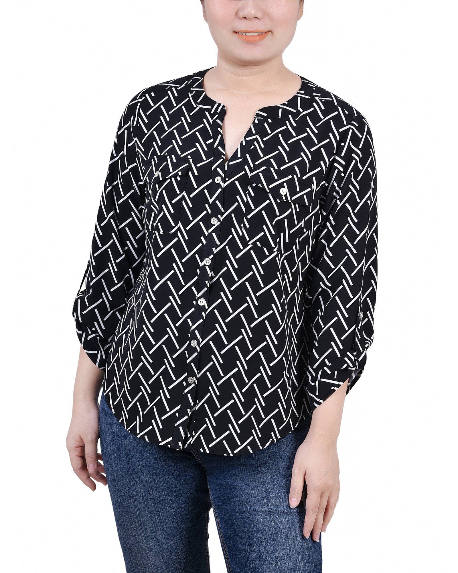Petite 3/4 Sleeve Roll Tab Y Neck Blouse