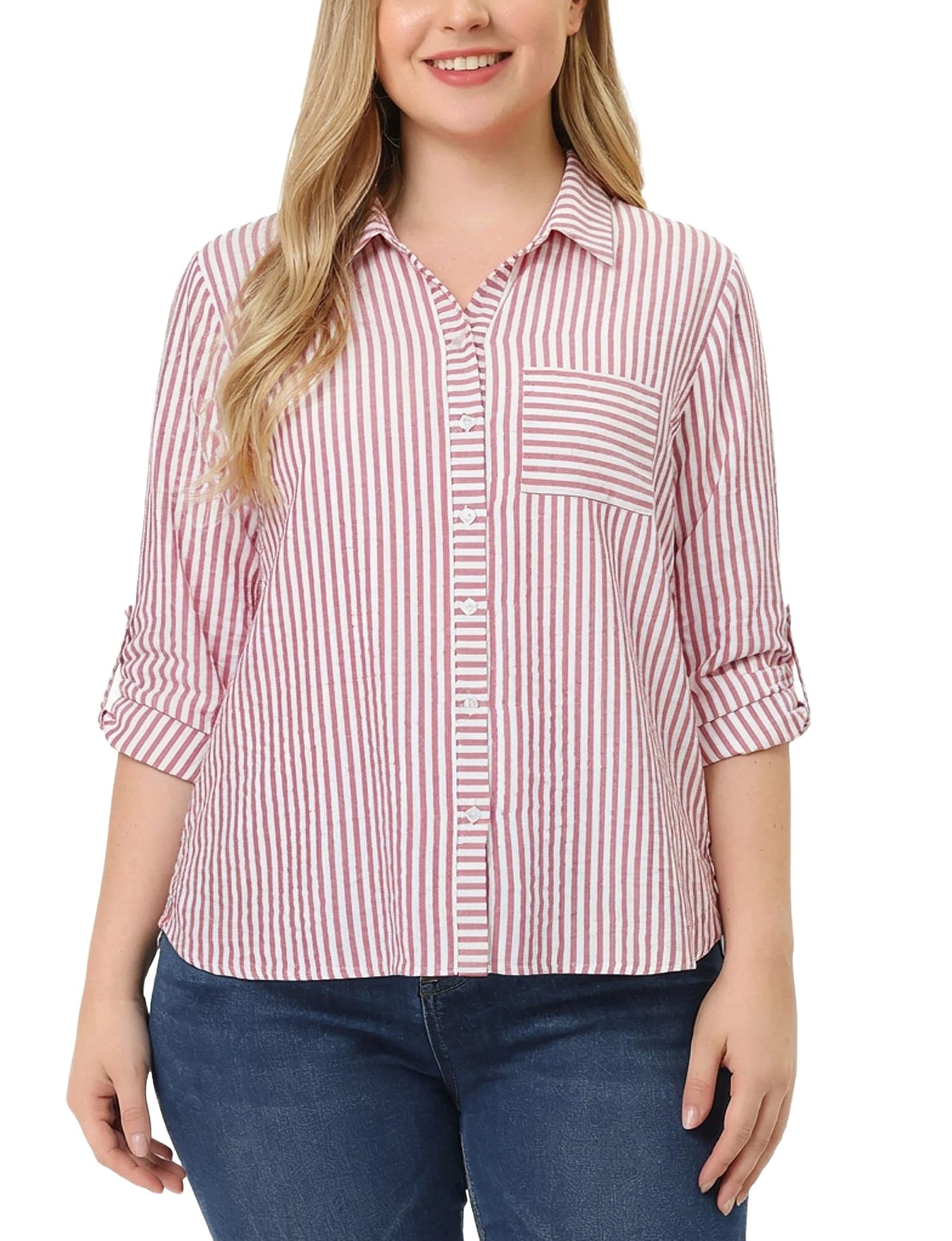 Plus Size 3/4 Sleeve Roll Tab Blouse