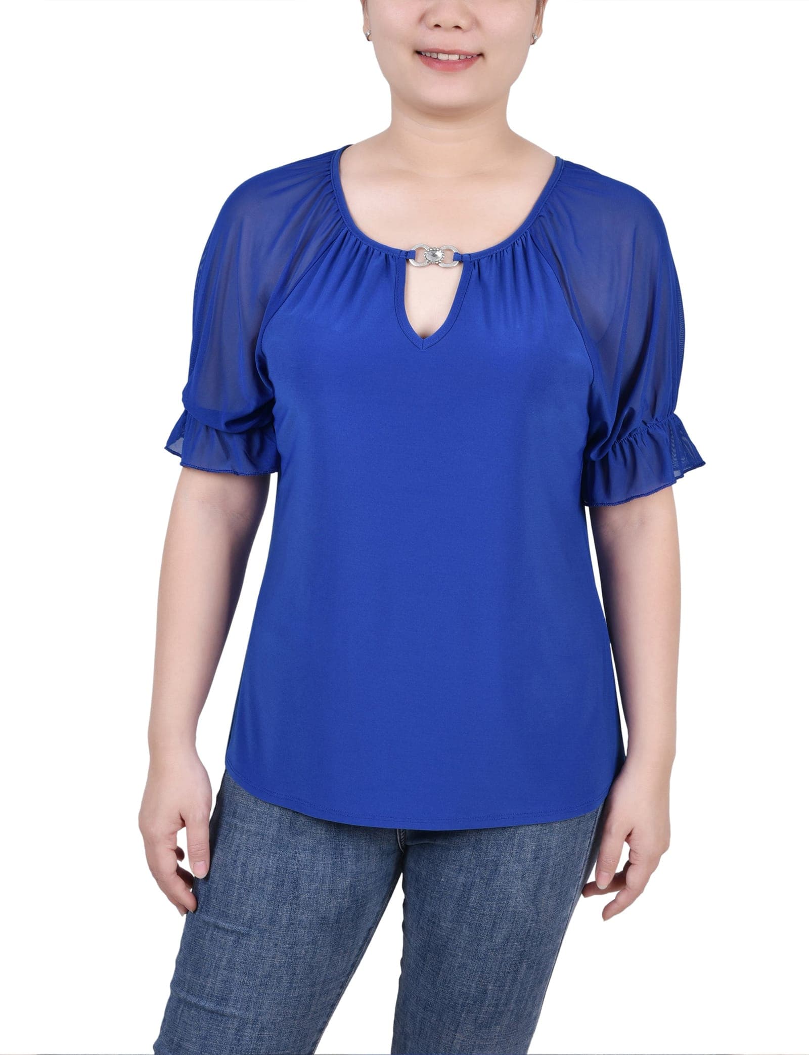 Petite Short Ruffle Sleeve Top with Rhinestones