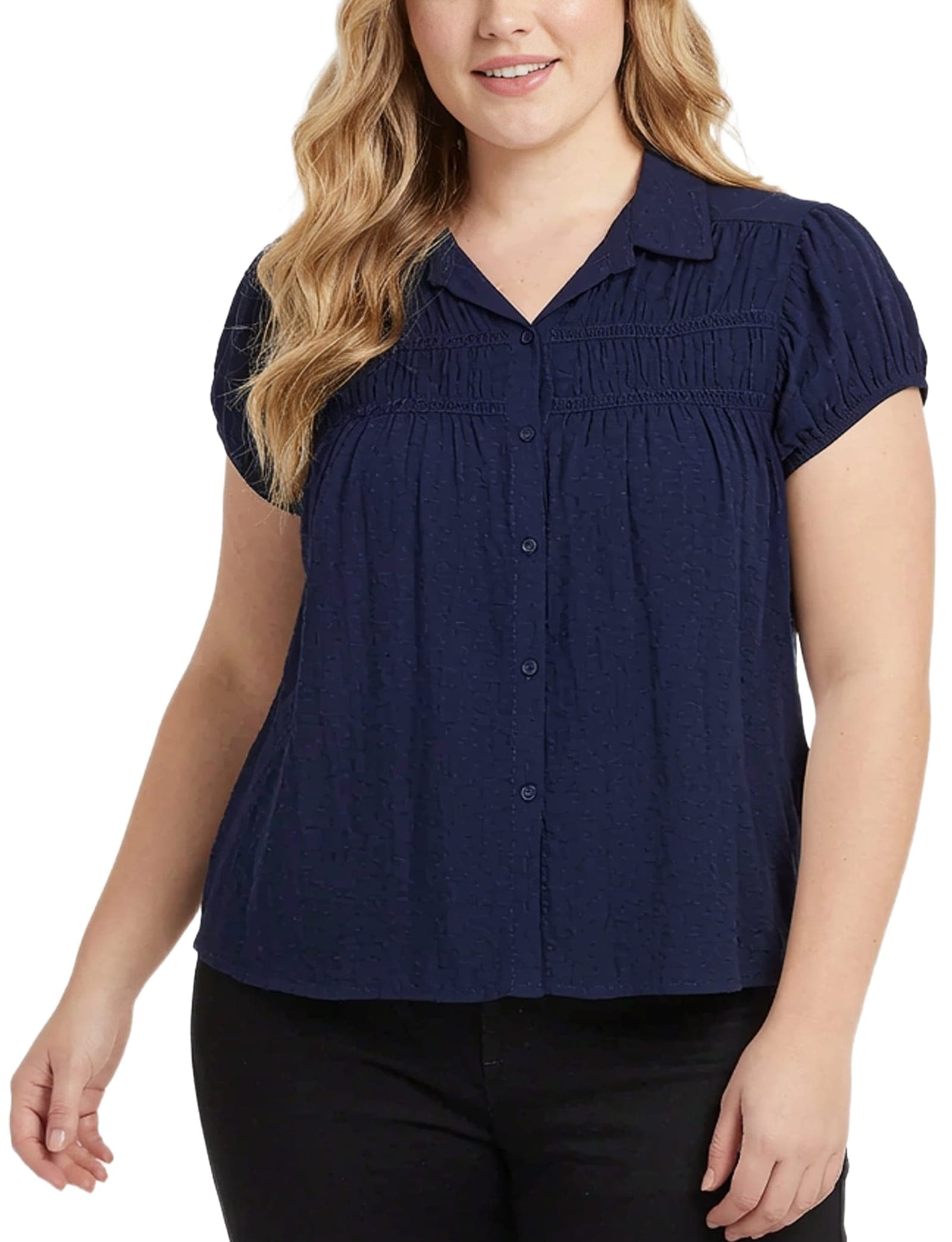 Plus Size Cap Slv Rouched Yoke Blouse