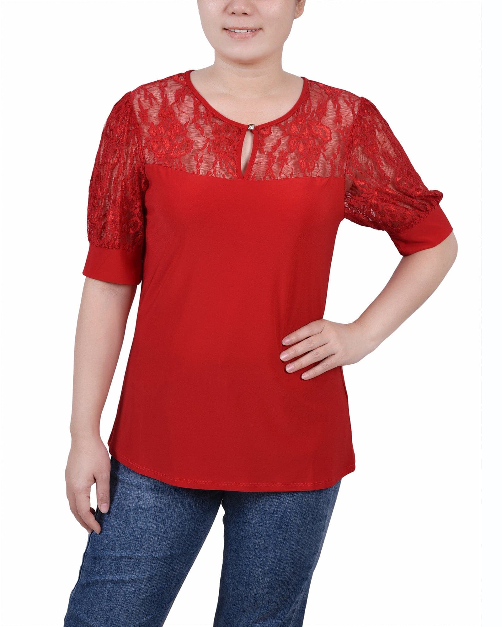 Petite Short Puff Sleeve Top with Lace Sleeves and Yoke