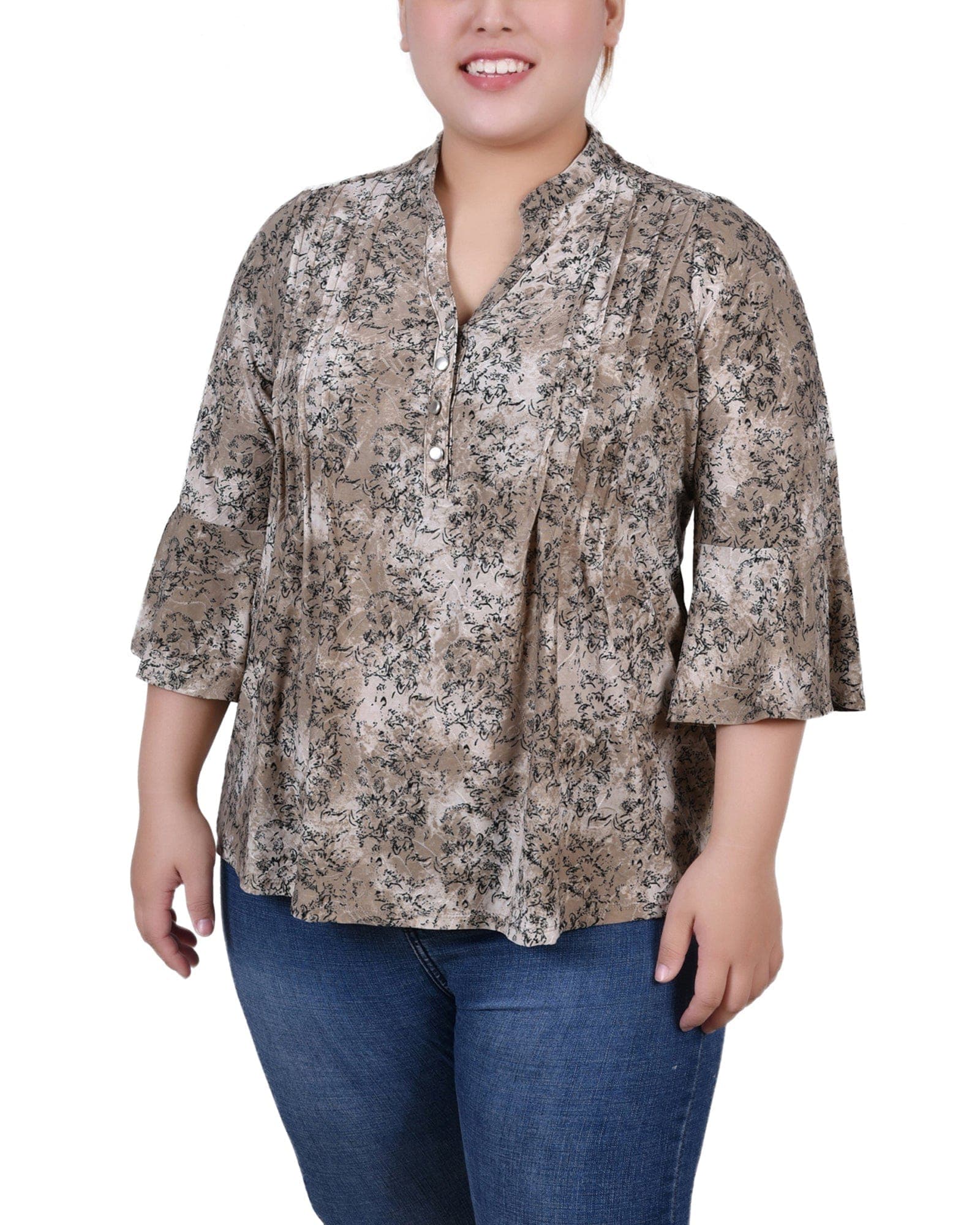 Plus Size 3/4 Bell Sleeve Pleat Front Y Neck Top