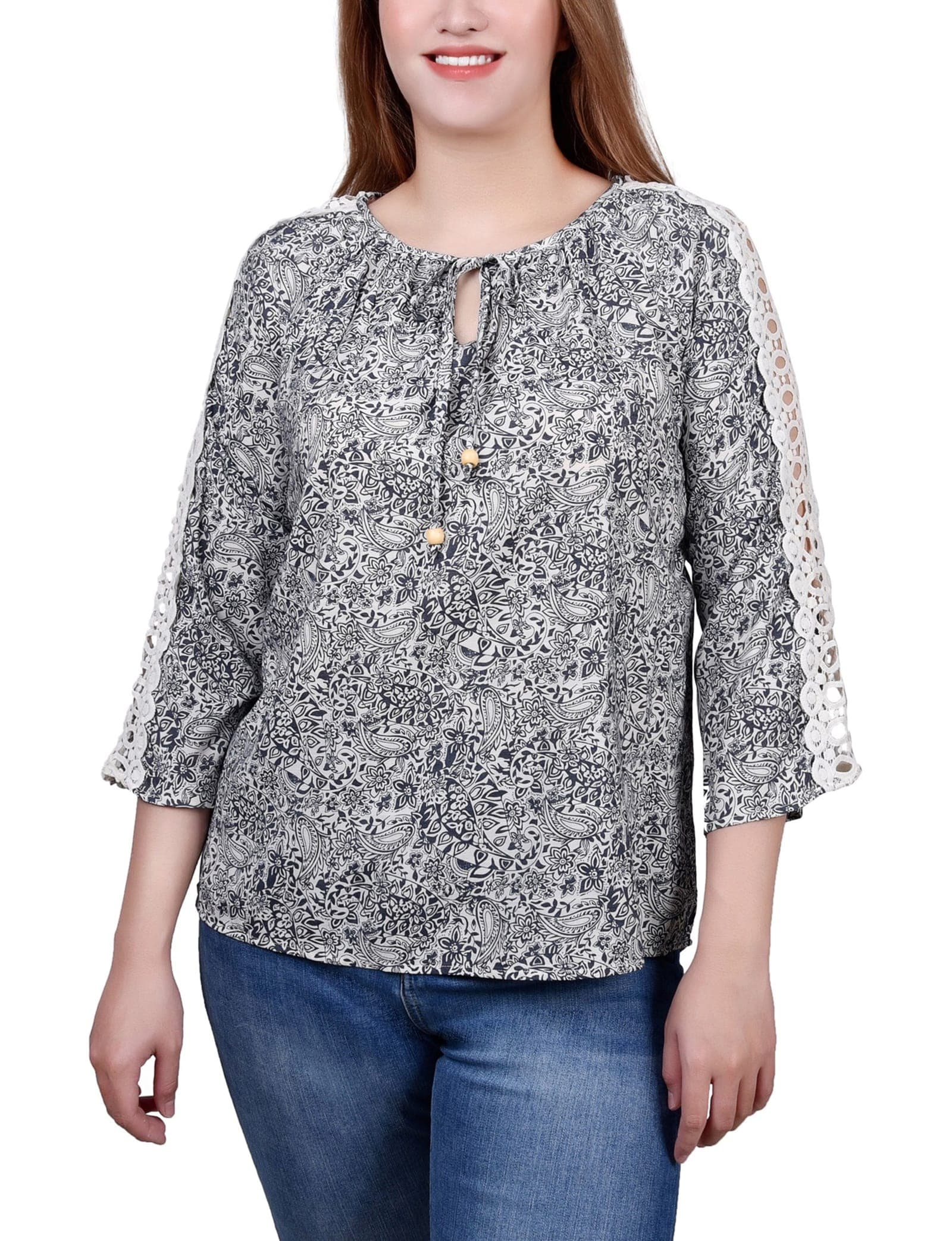 Petite 3/4 Sleeve Crochet Detail Blouse