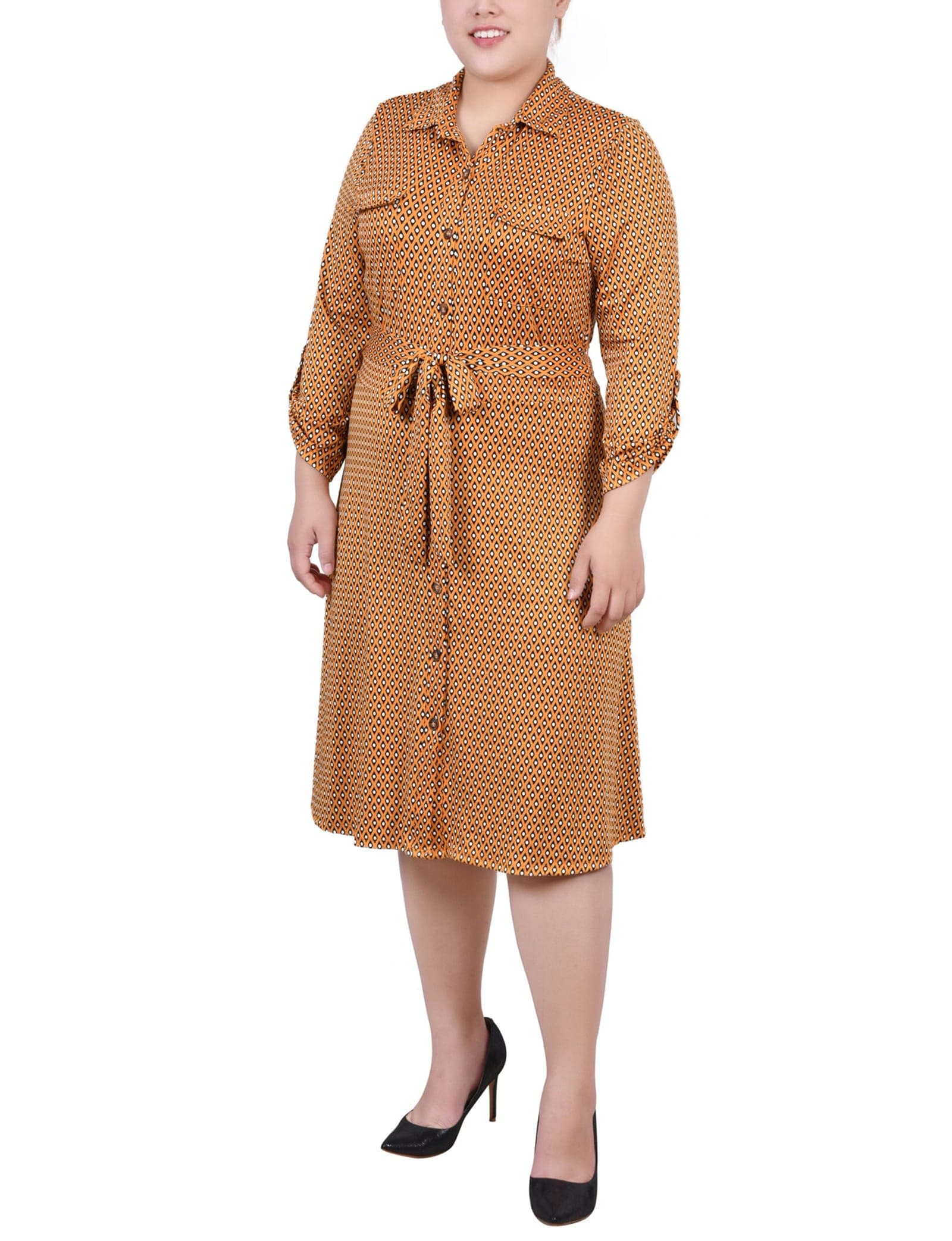 Plus Size 3/4 Slv Roll Tab Shirtdress
