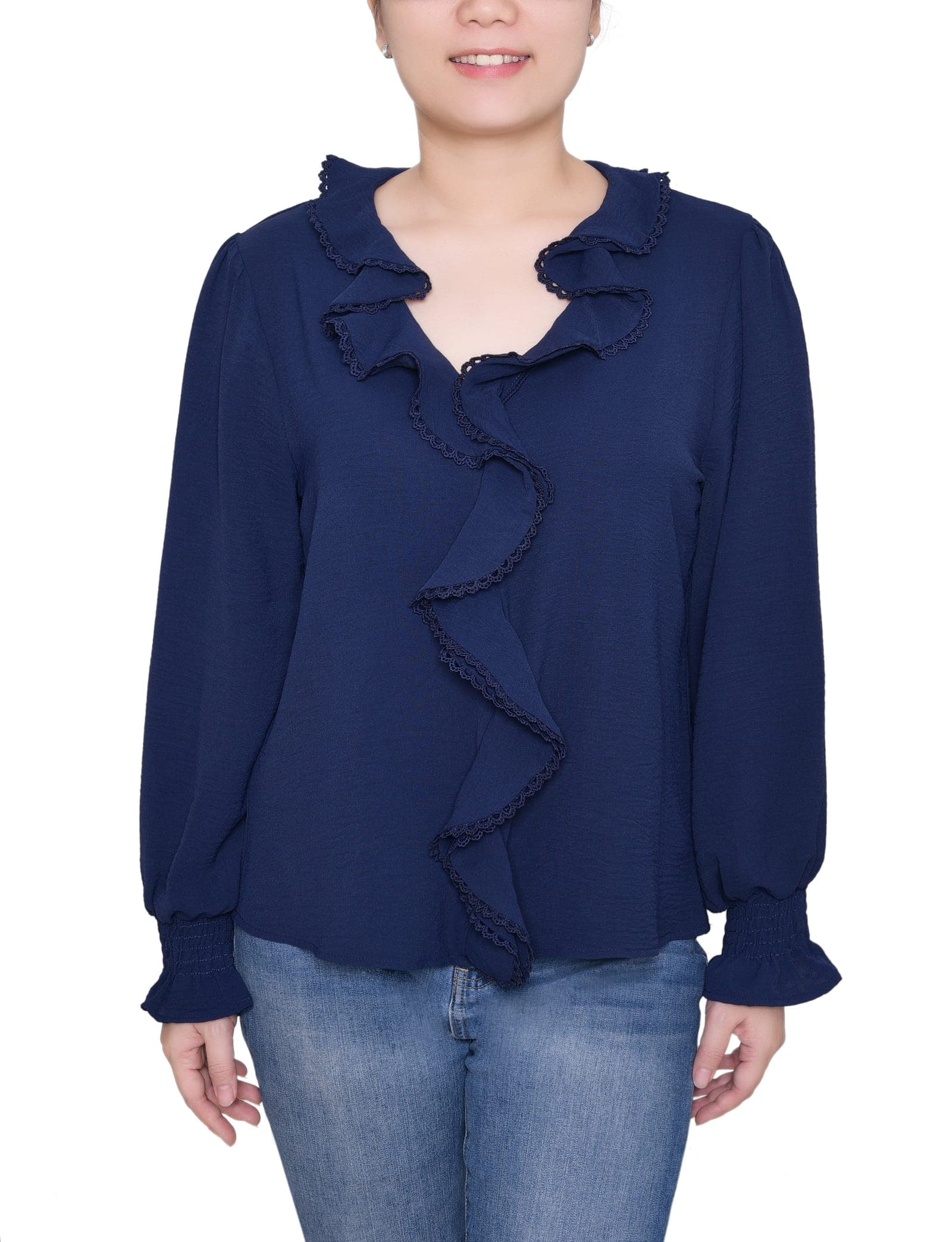 Petite Short Sleeve Ruffle Front Blouse