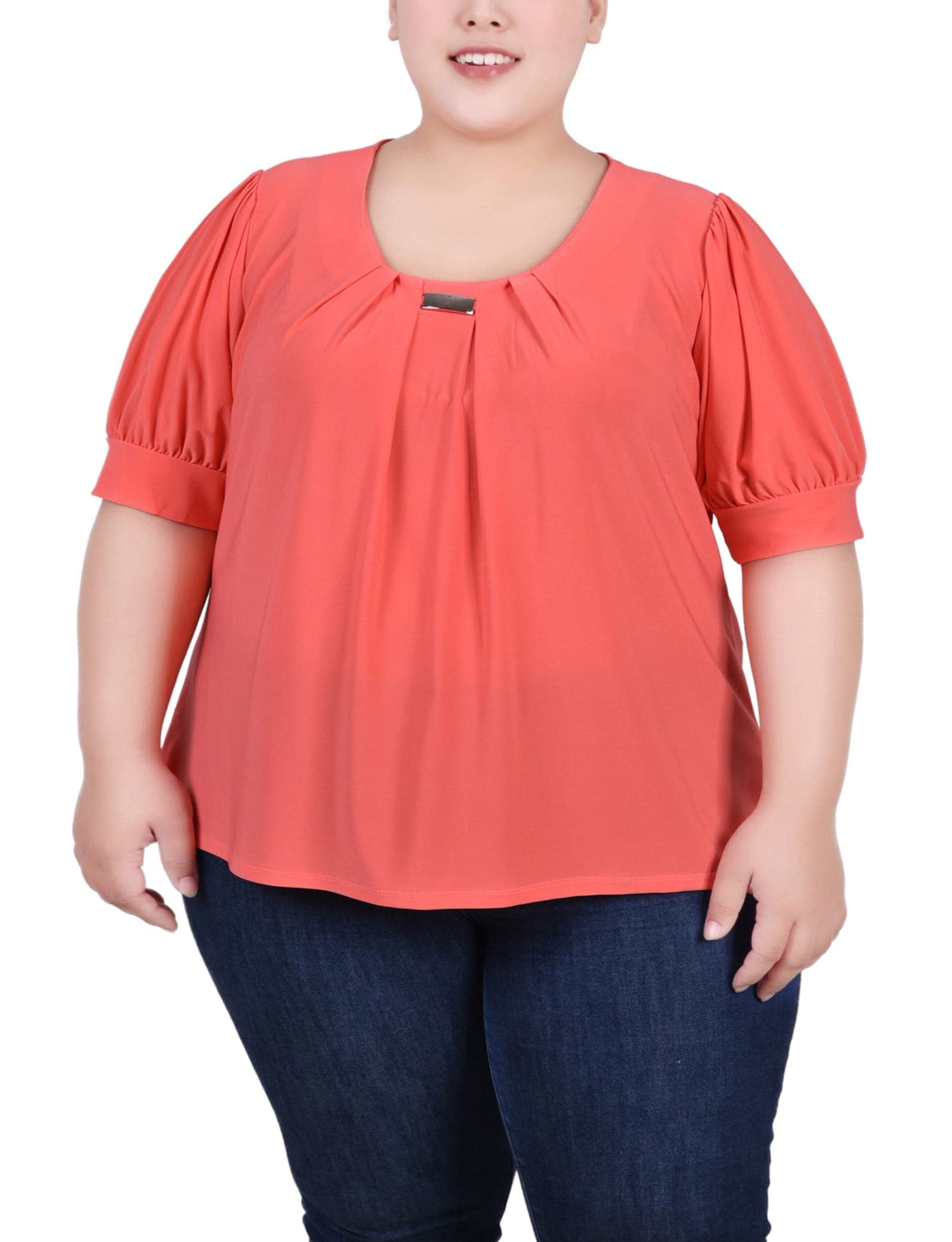 Plus Size Short Sleeve Balloon Sleeve Top with Hardware