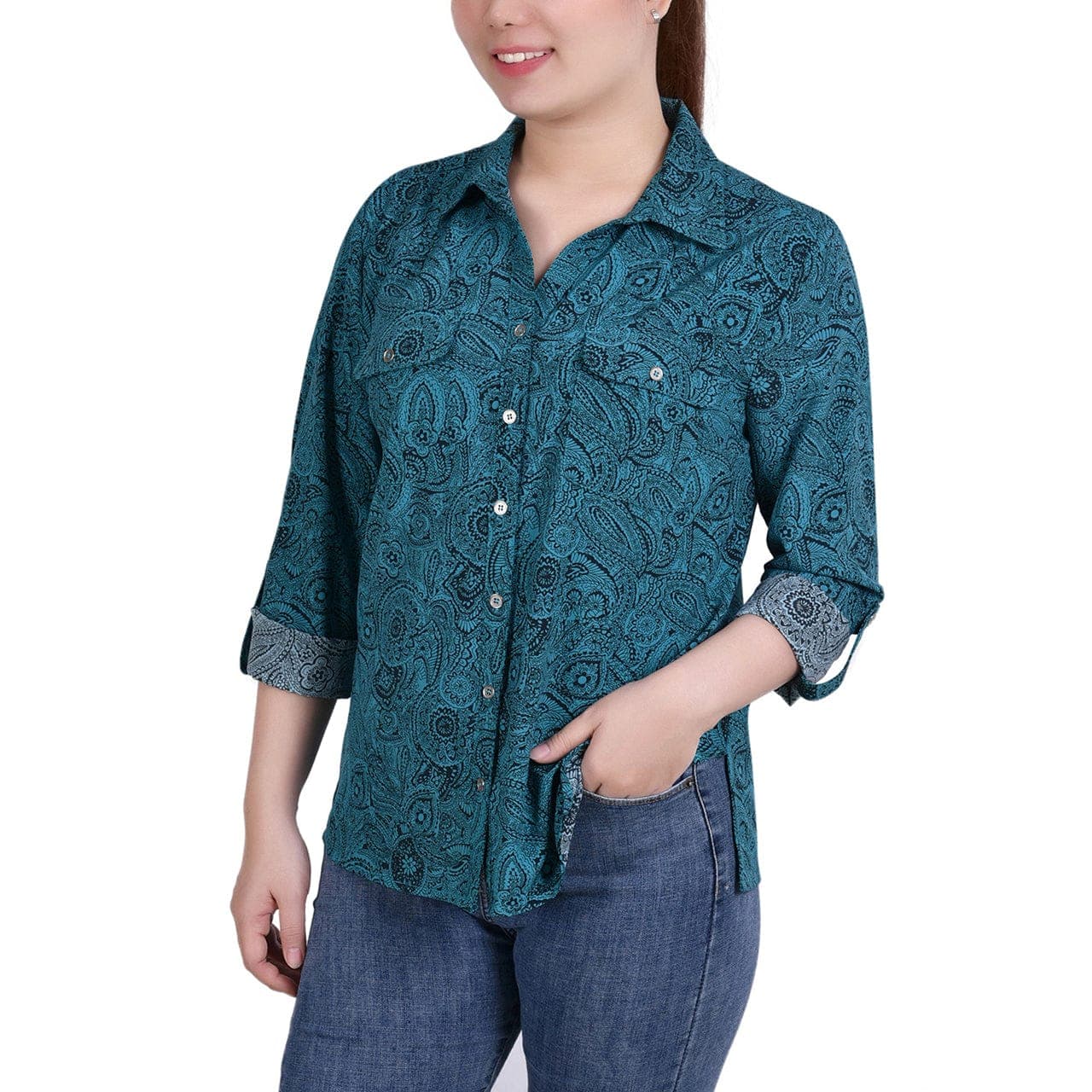 Petite 3/4 Roll Tab Blouse with Pockets