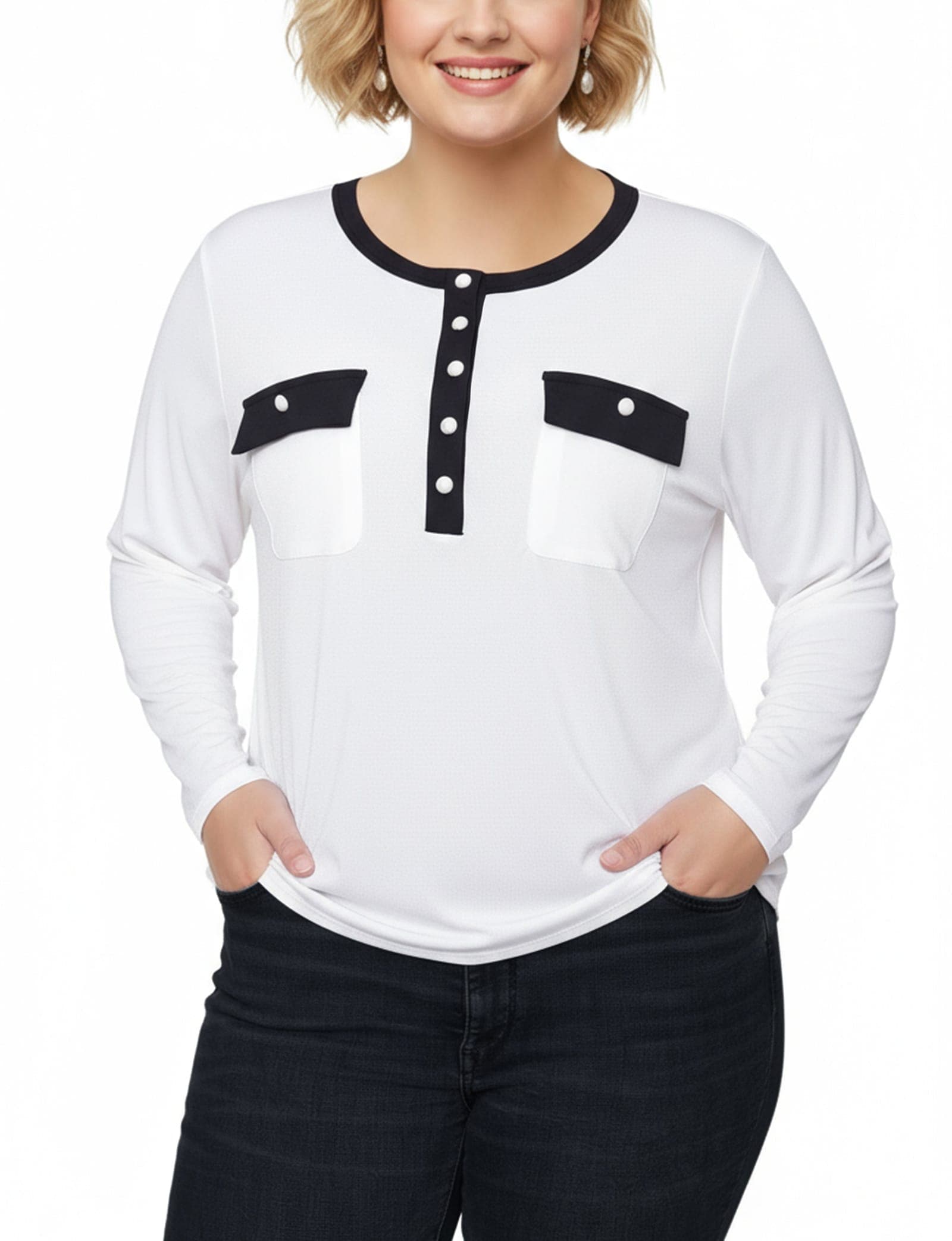 Plus Size Long Sleeve Contrast Detail Top