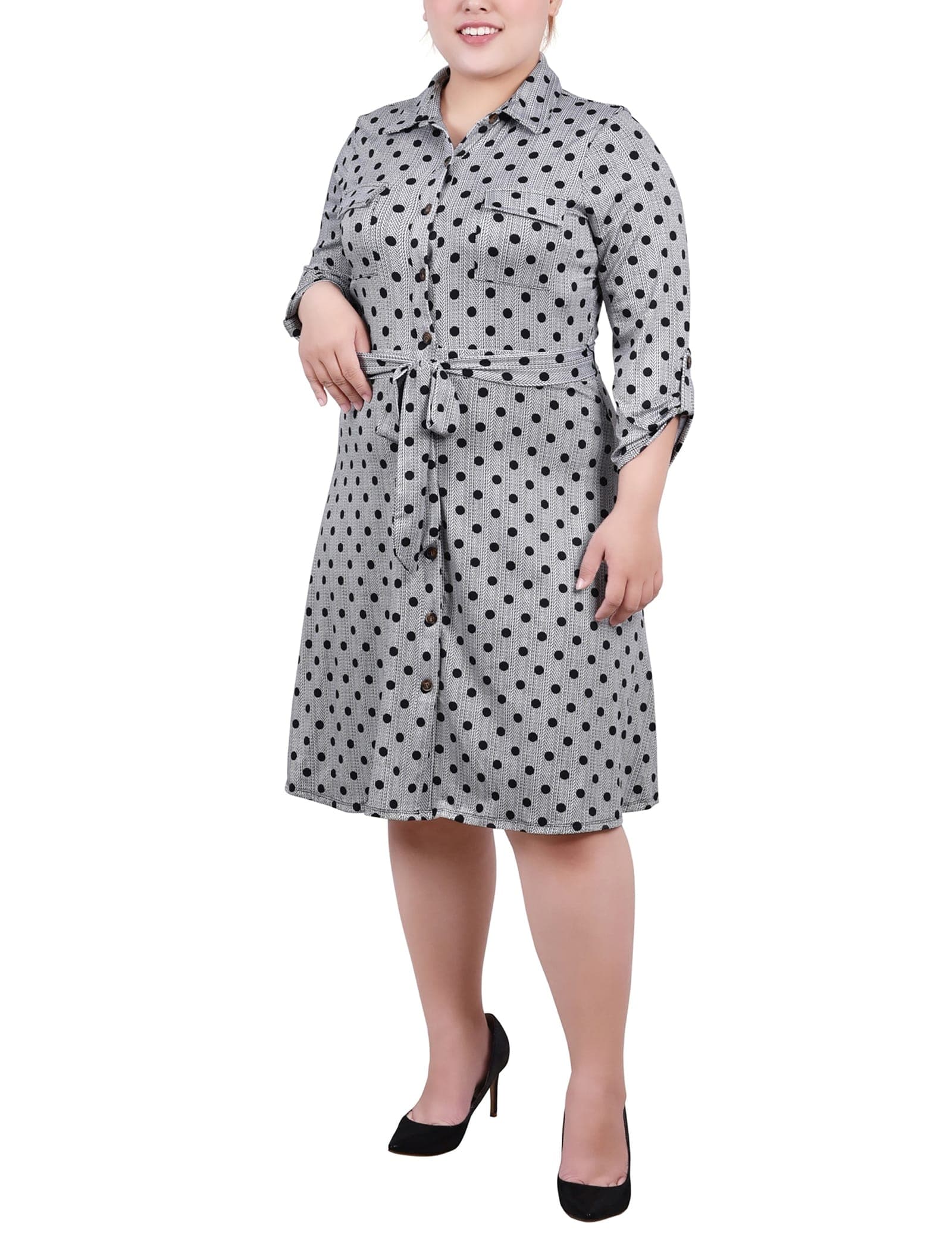 Plus Size 3/4 Slv Roll Tab Shirtdress