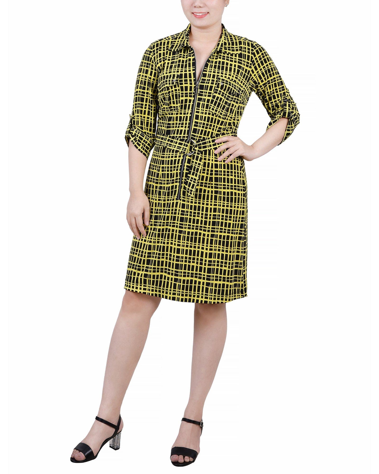 Petite Belted Roll Tab Zip Front Shirtdress