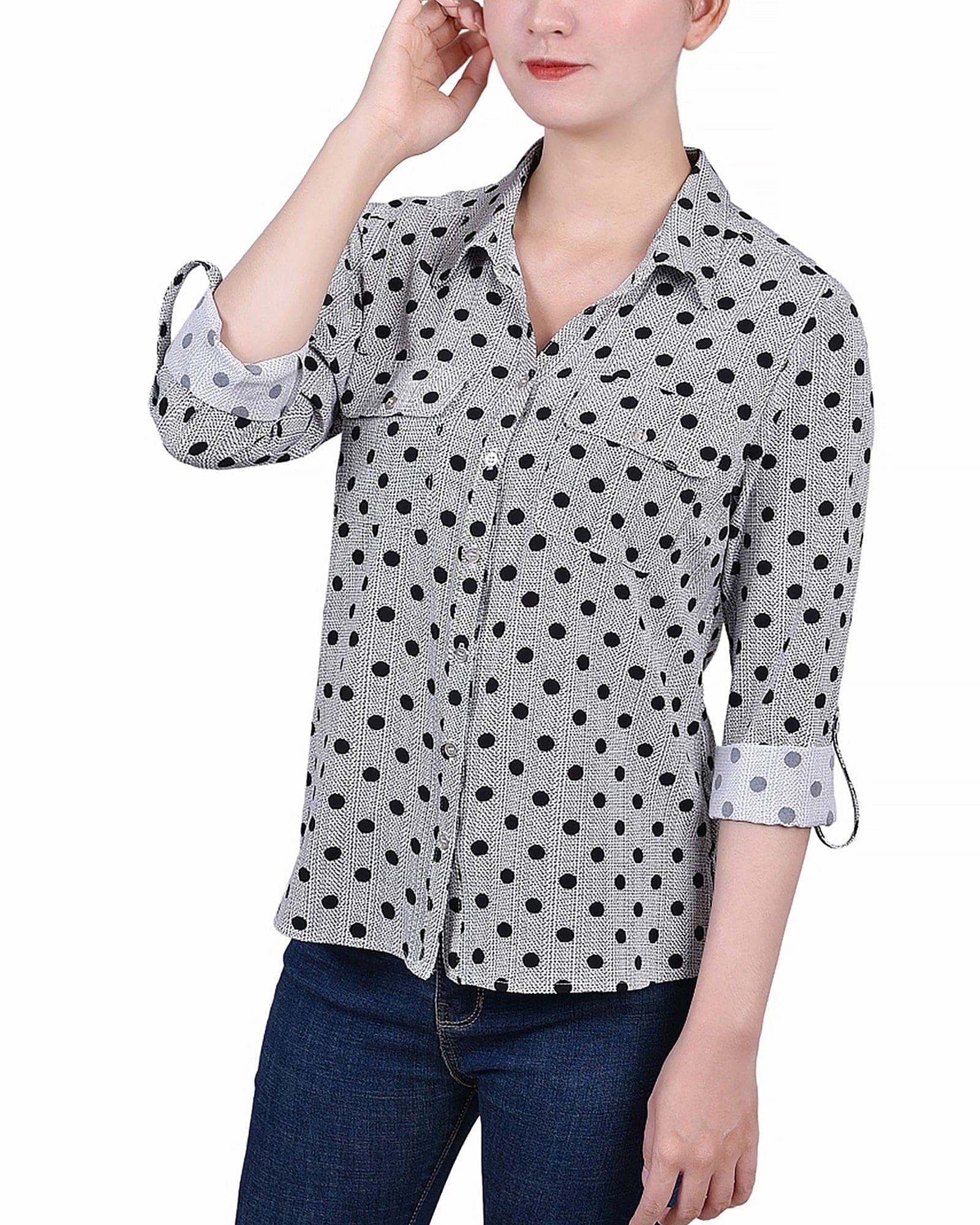 Petite 3/4 Roll Tab Blouse with Pockets