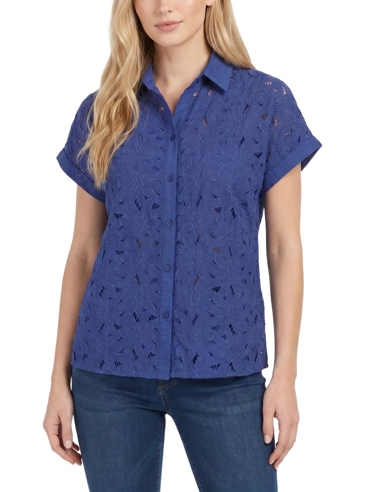 Petite Short Sleeve Eyelet Blouse