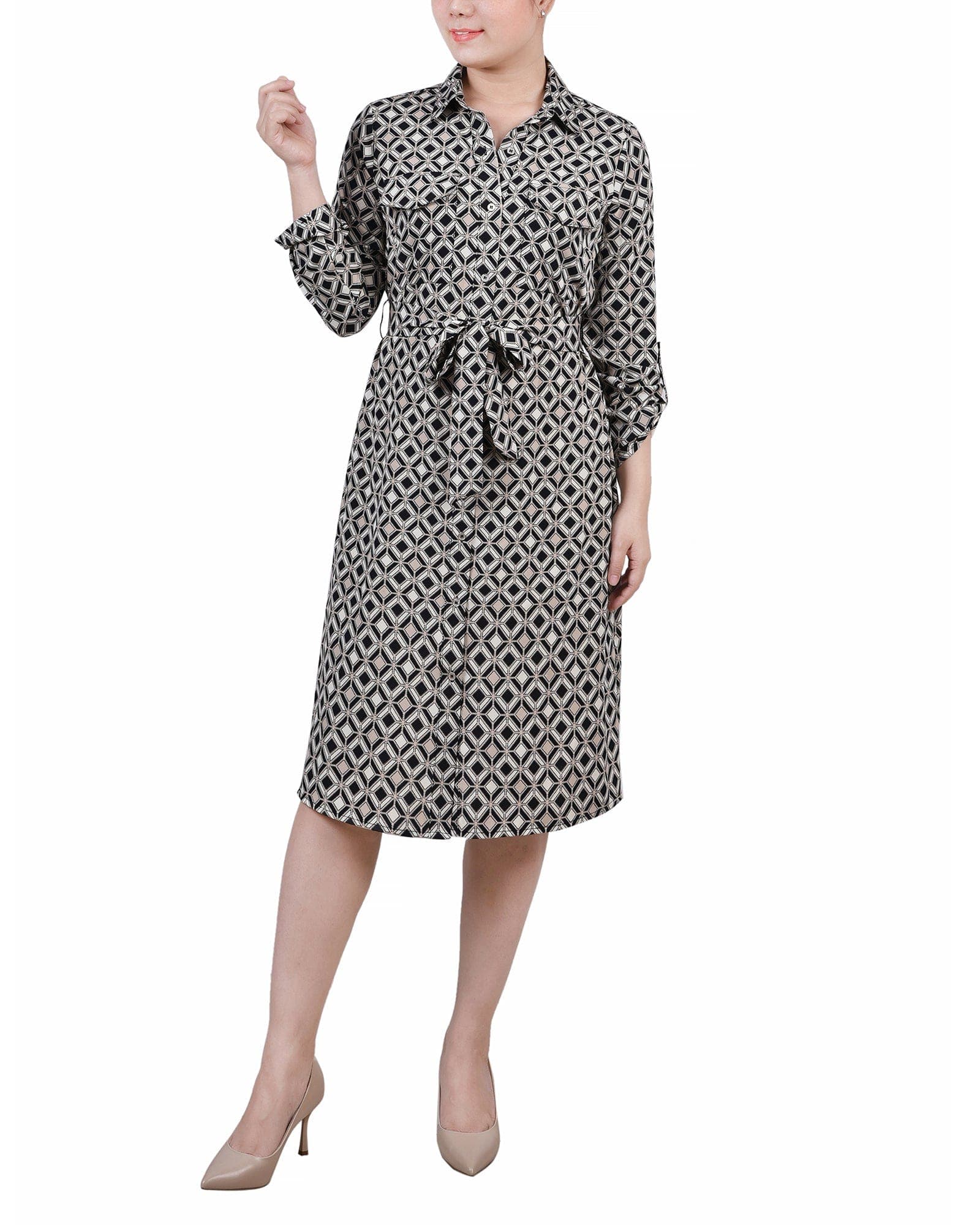 Petite 3/4 Roll Tab Sleeve Belted Shirtdress