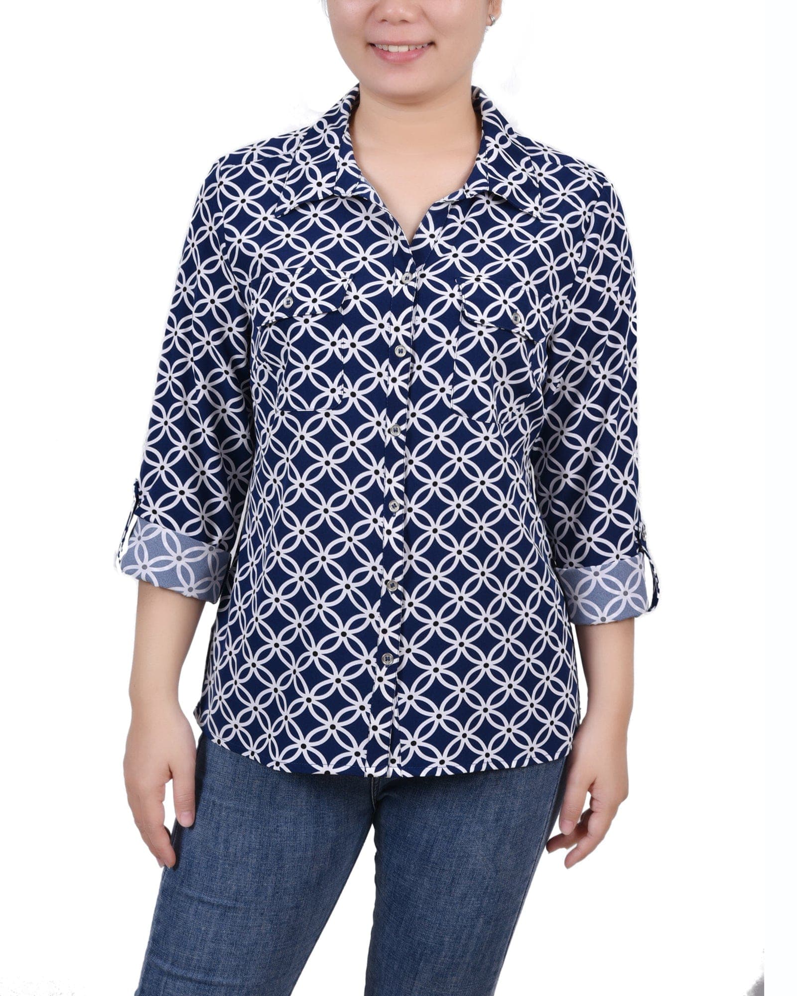 Petite 3/4 Roll Tab Blouse with Pockets
