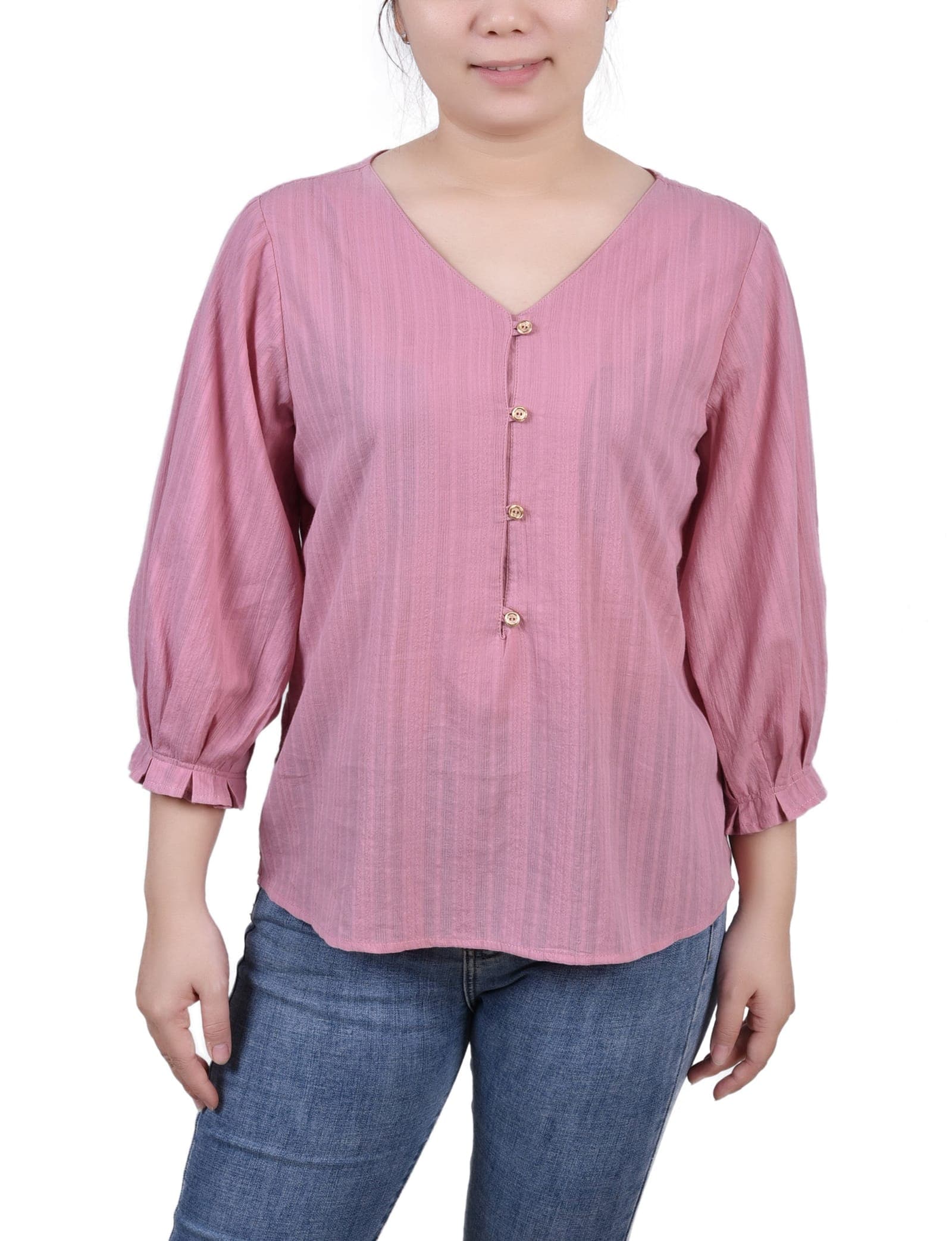 3/4 Sleeve Button Placket Jacquard Blouse