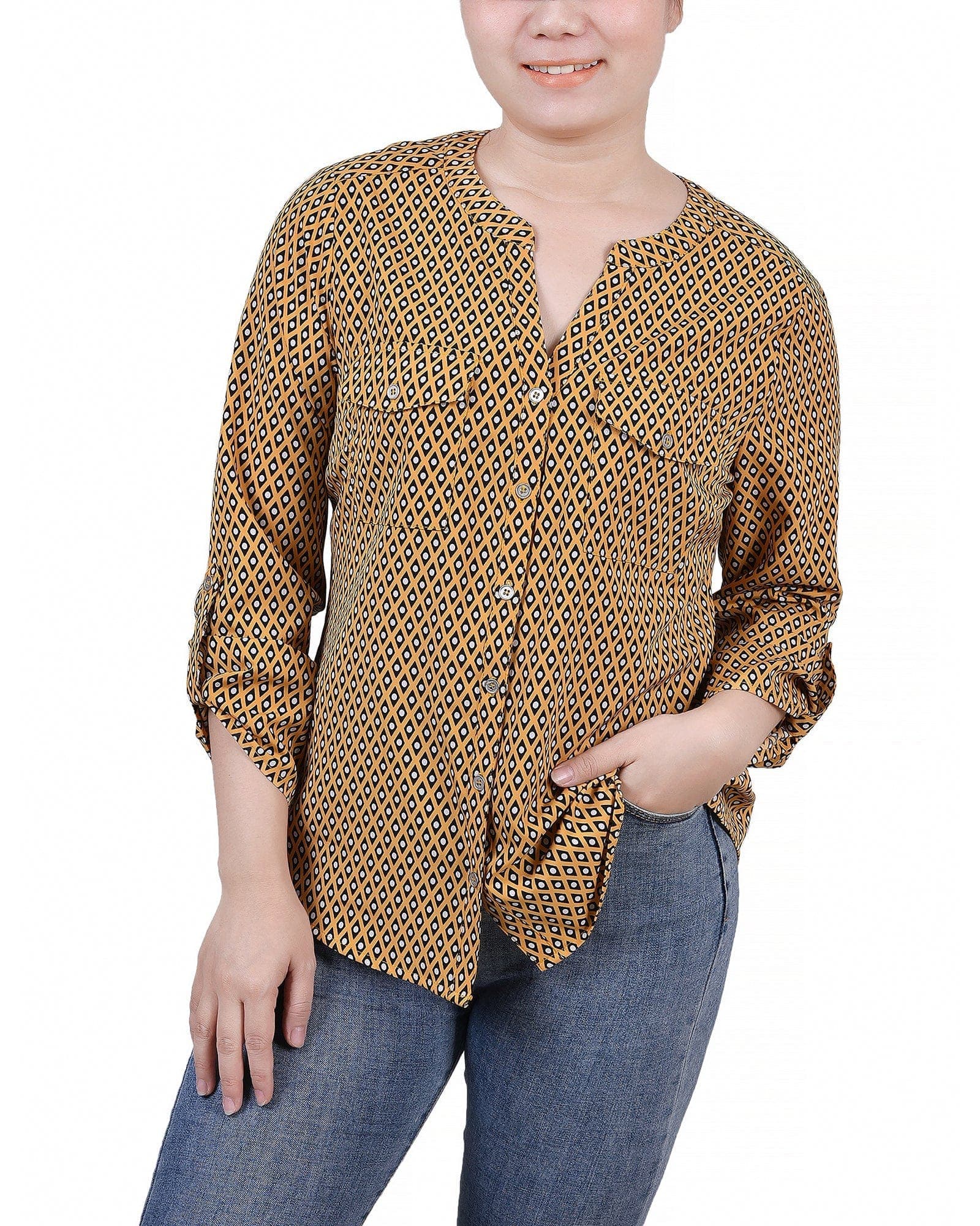 3/4 Roll Tab Sleeve Mandarin Collar Blouse