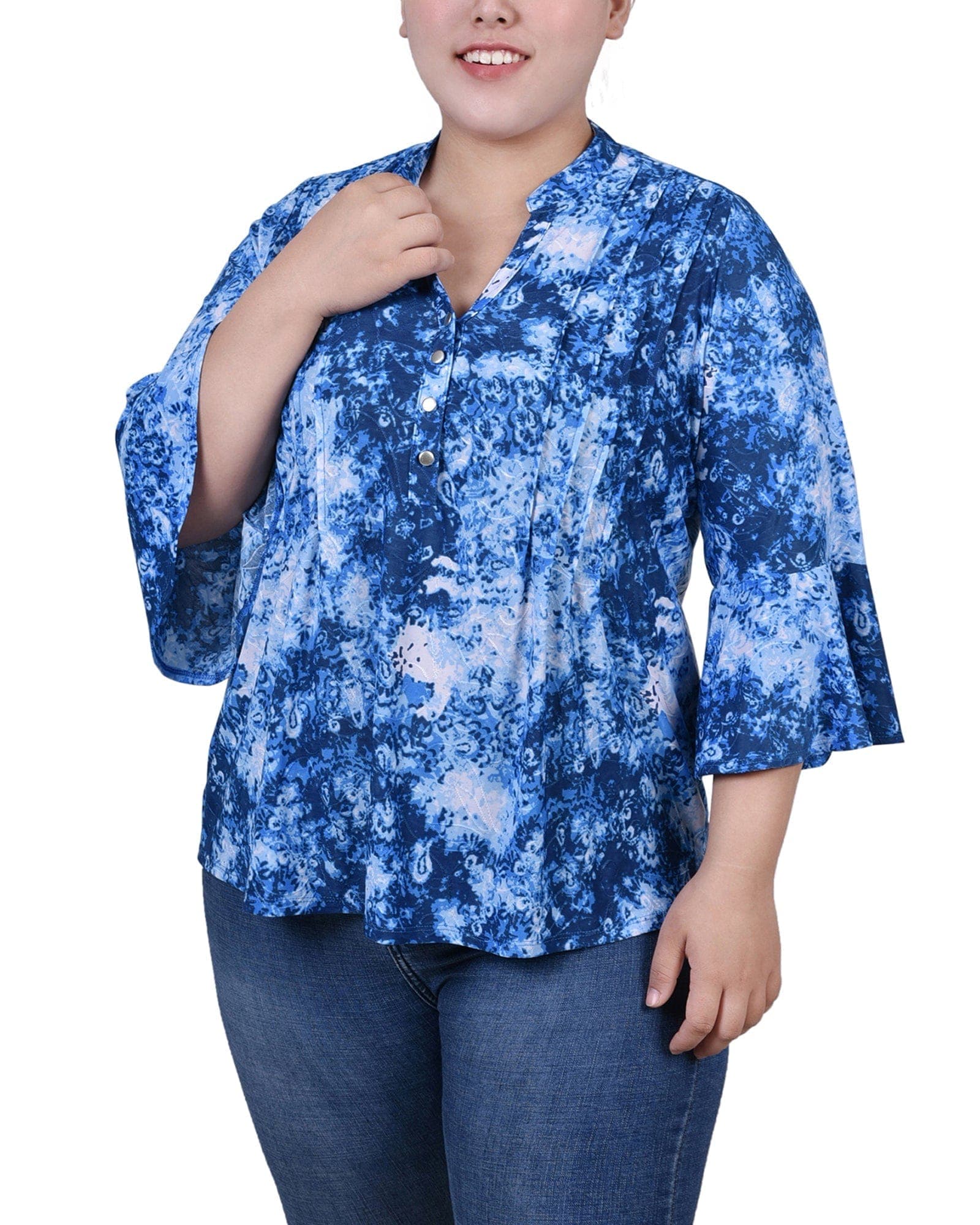 Plus Size 3/4 Bell Sleeve Pleat Front Y Neck Top