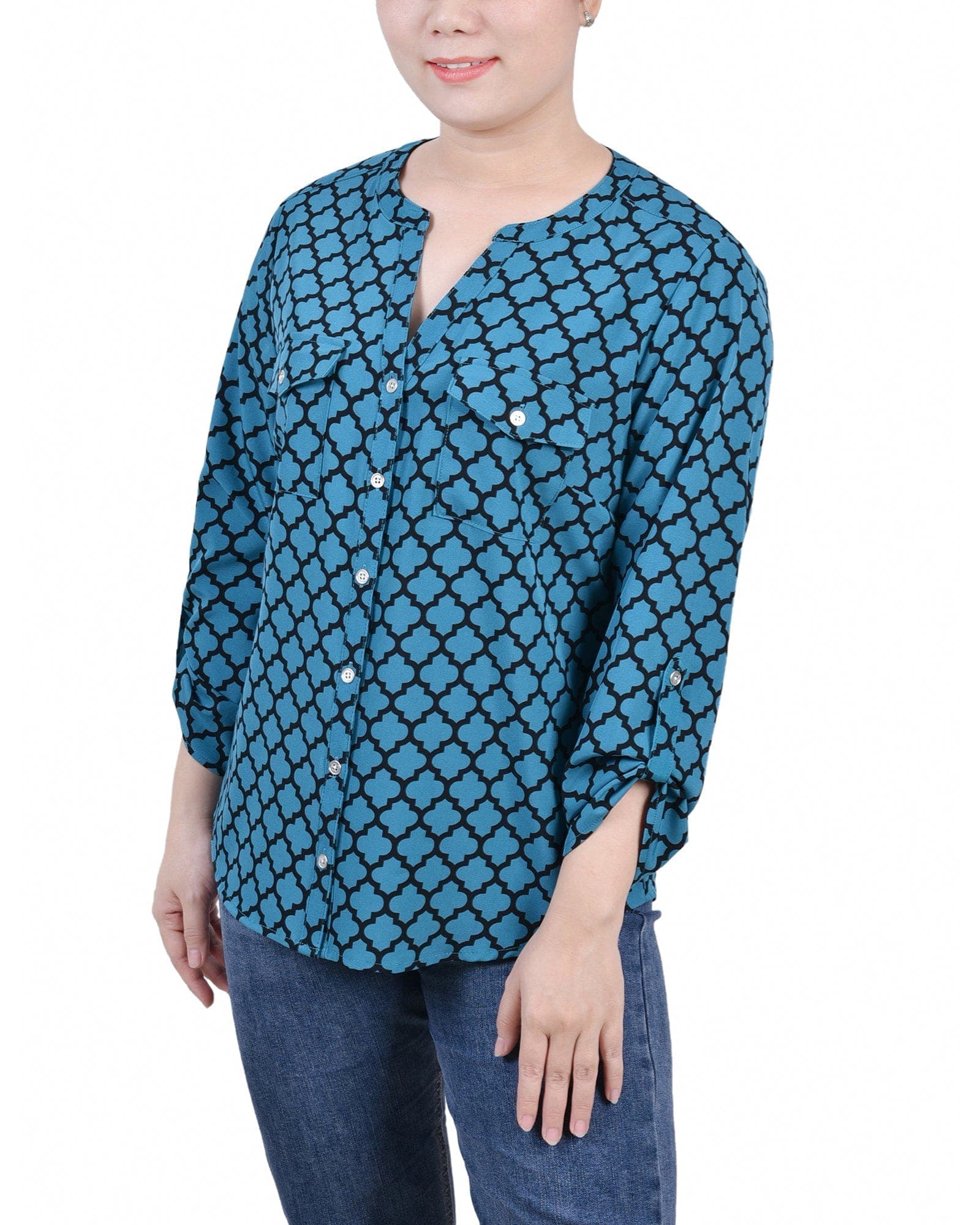 3/4 Roll Tab Sleeve Mandarin Collar Blouse