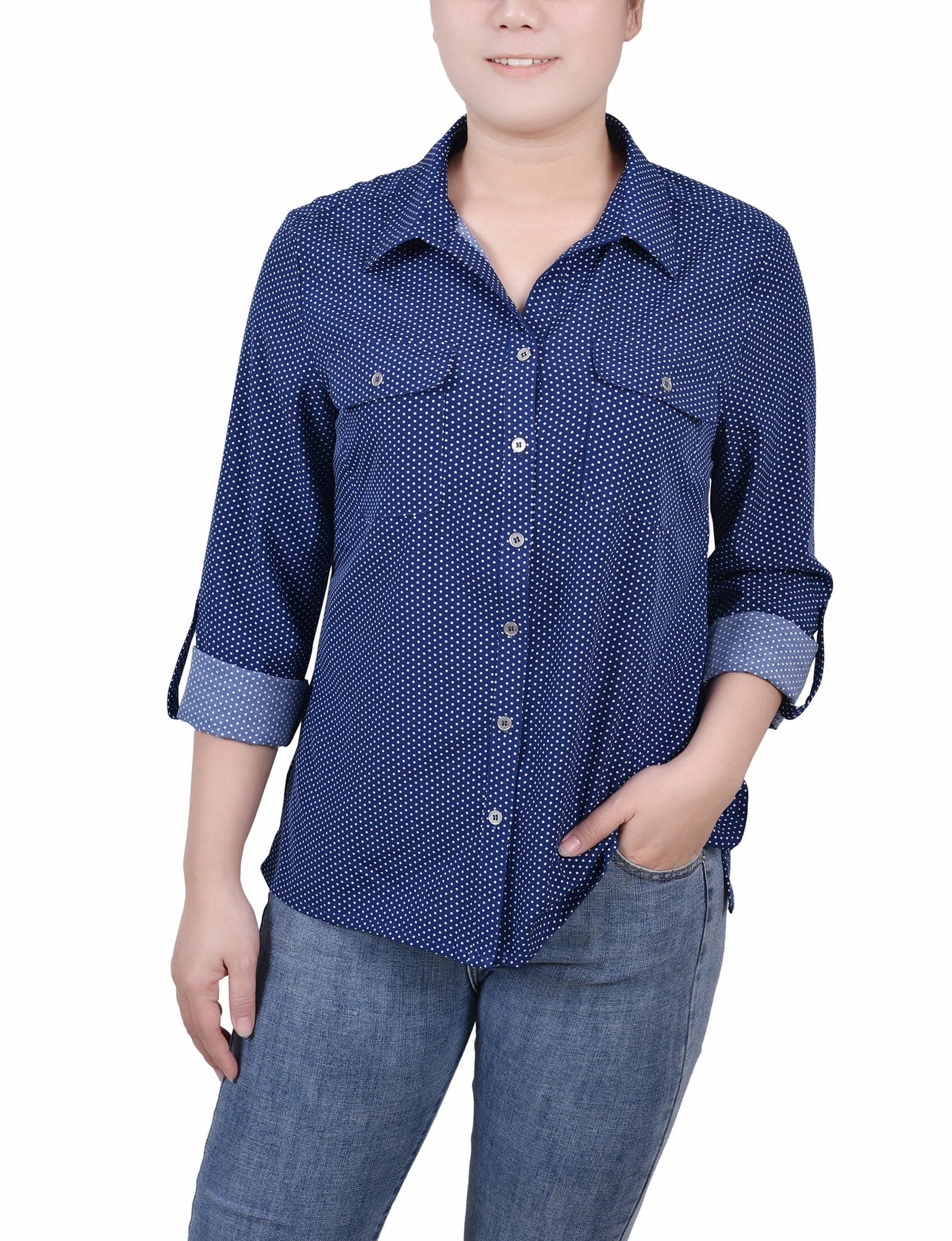 Petite 3/4 Roll Tab Blouse with Pockets