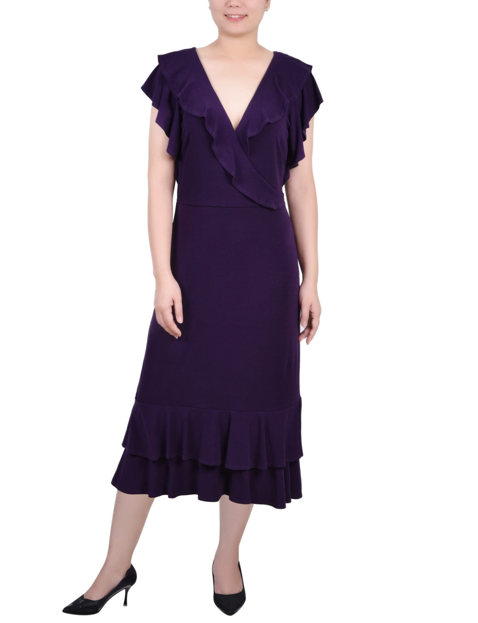 Short Flutter Sleeve Ruffle Neck Dress
