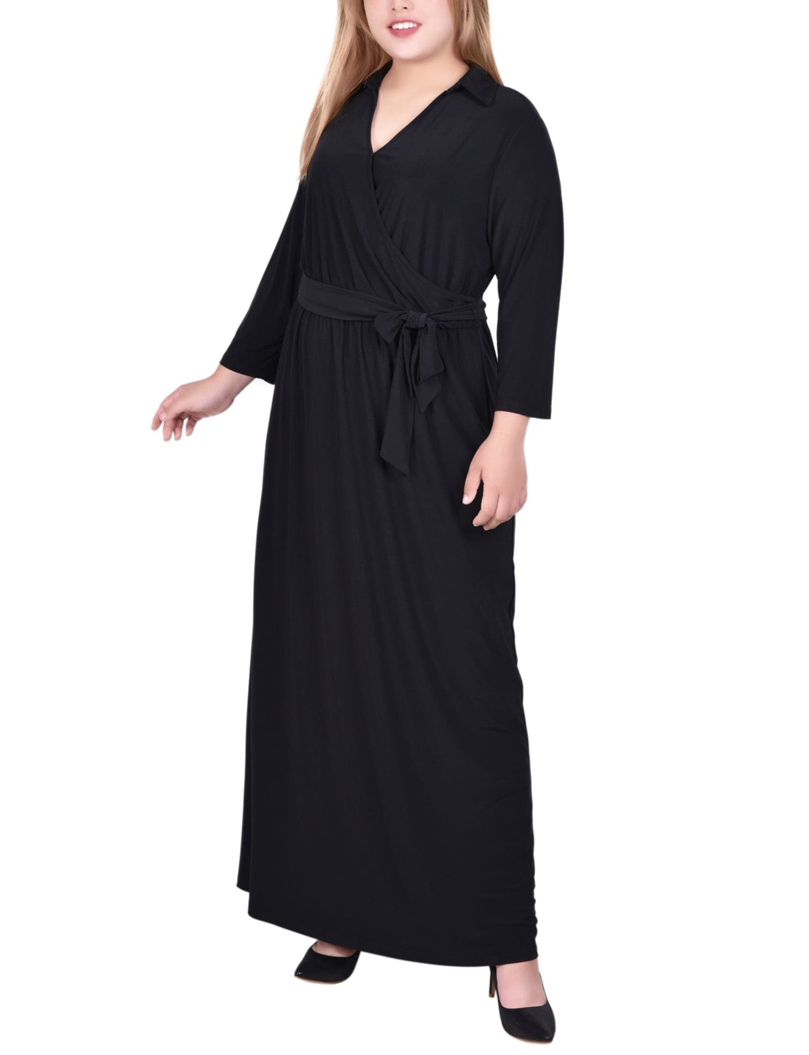Plus Size 3/4 Sleeve Belted Maxi Dress