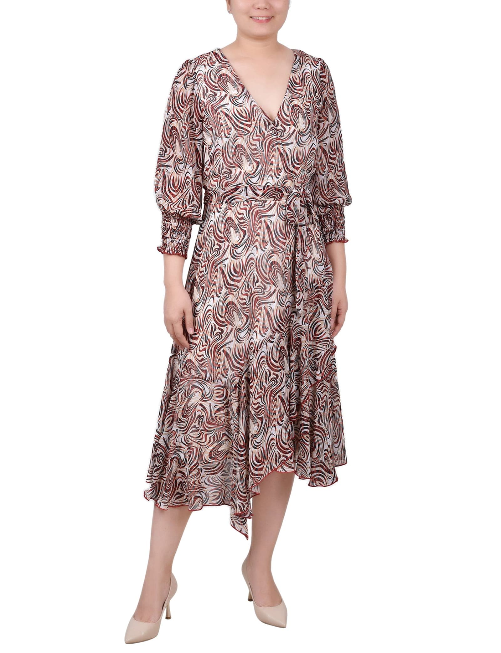 Petite 3/4 Sleeve Belted Chiffon Hankerchief Hem Dress