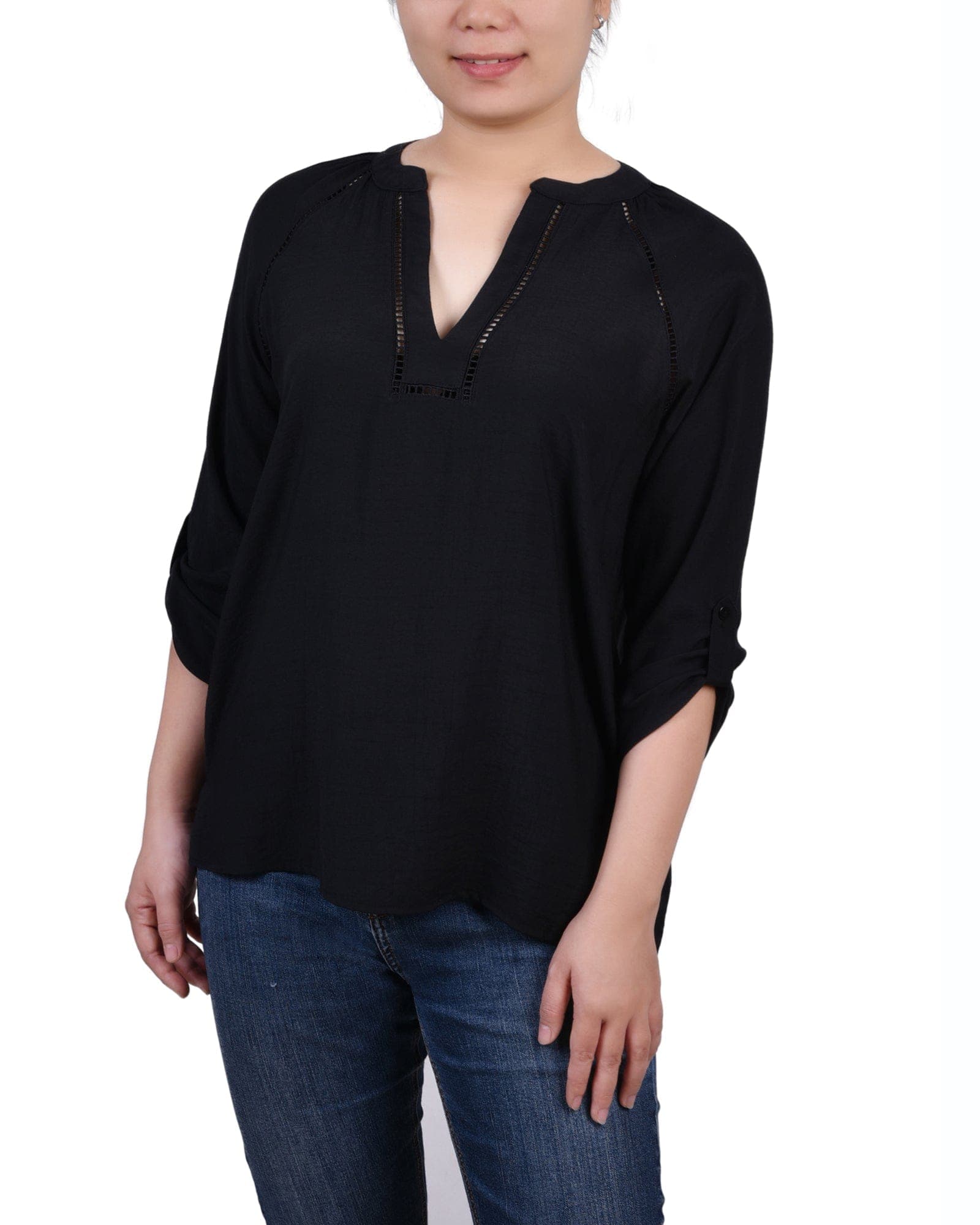 Raglan Sleeve Split-Neck Blouse