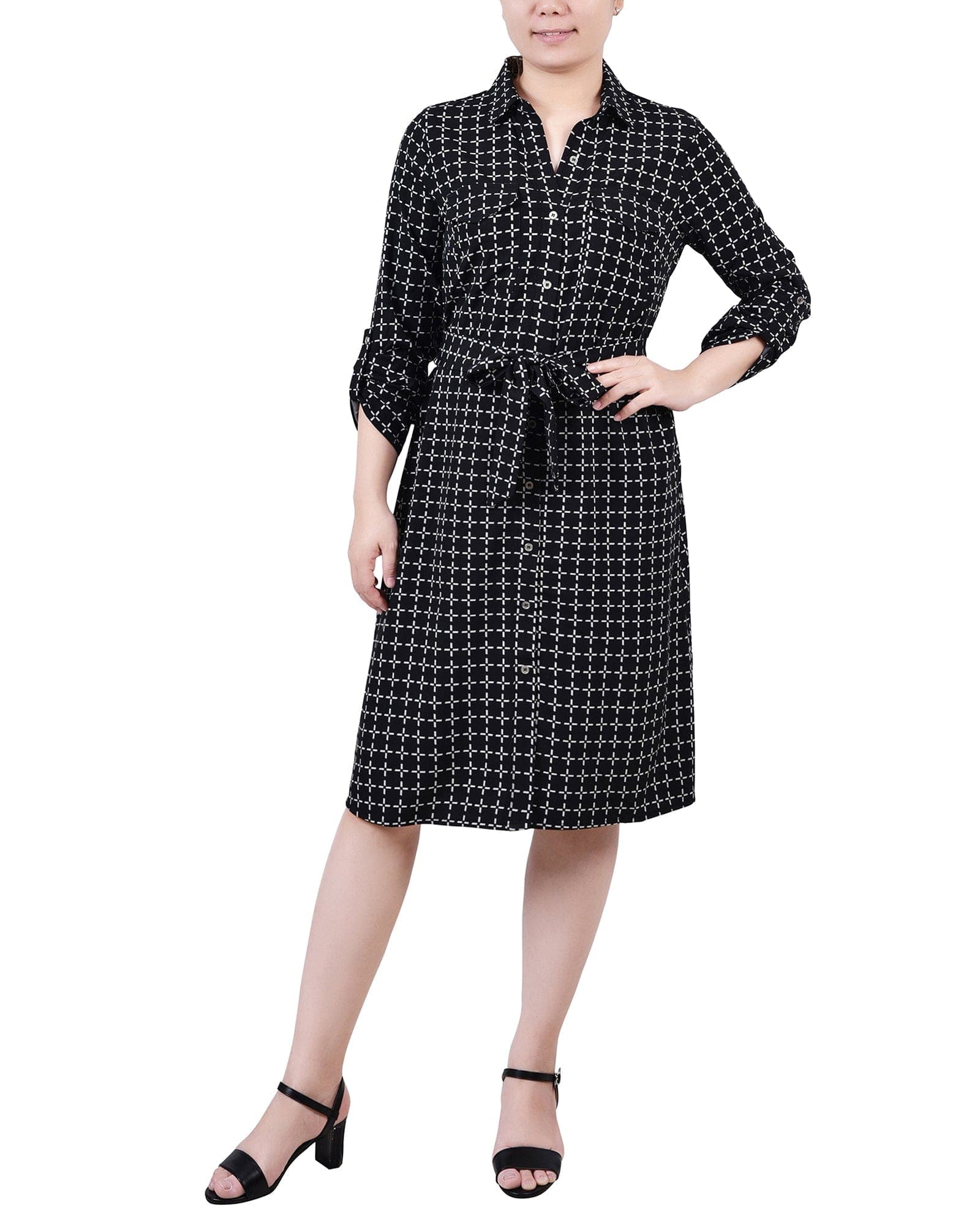 Petite 3/4 Roll Tab Sleeve Belted Shirtdress