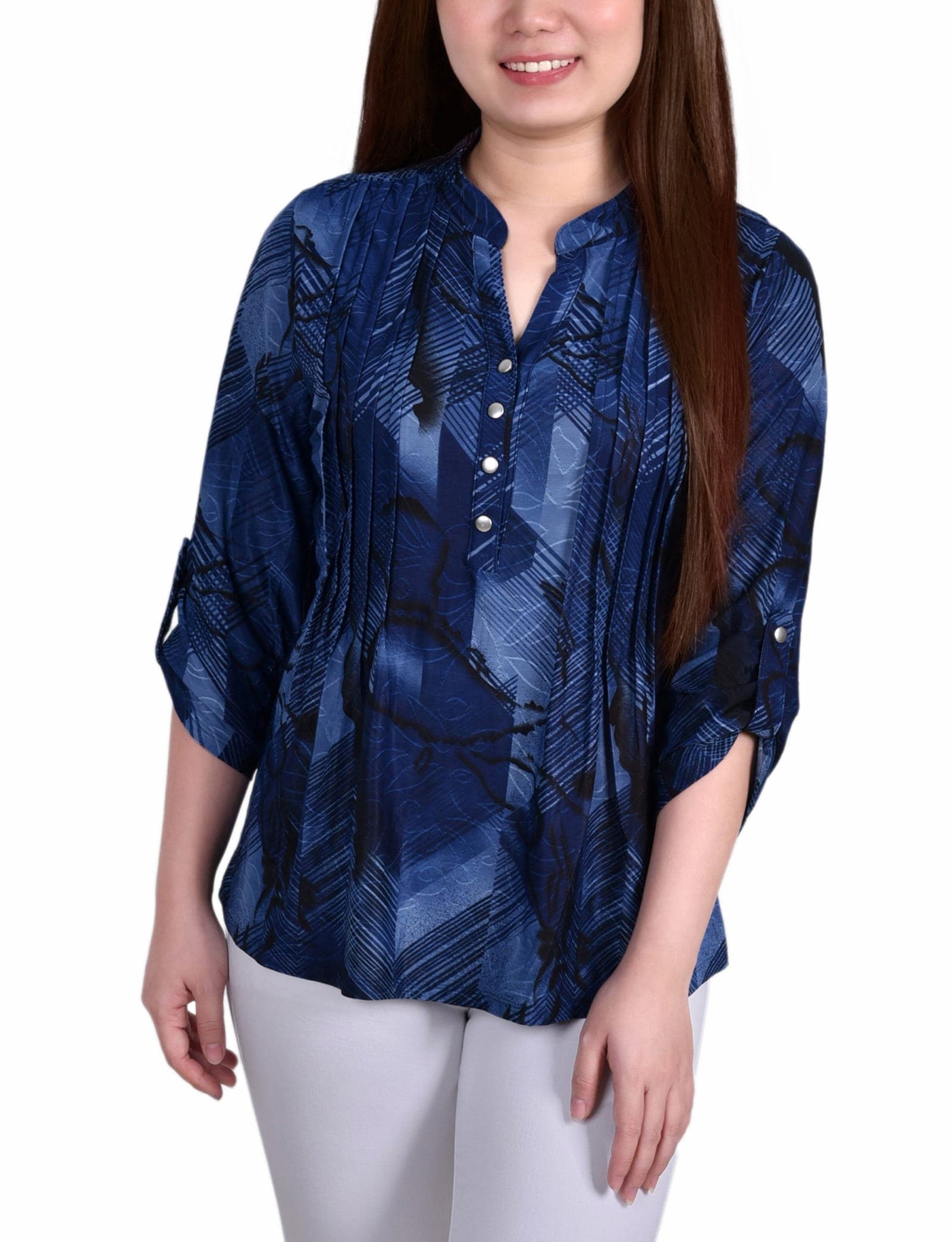 3/4 Roll Tab Sleeve Y Neck Top