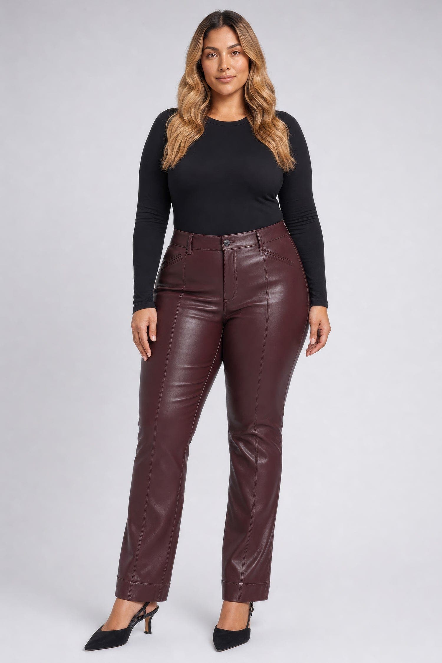 Vegan Leather Marilyn Straight Pants with Band Hems in Plus Size