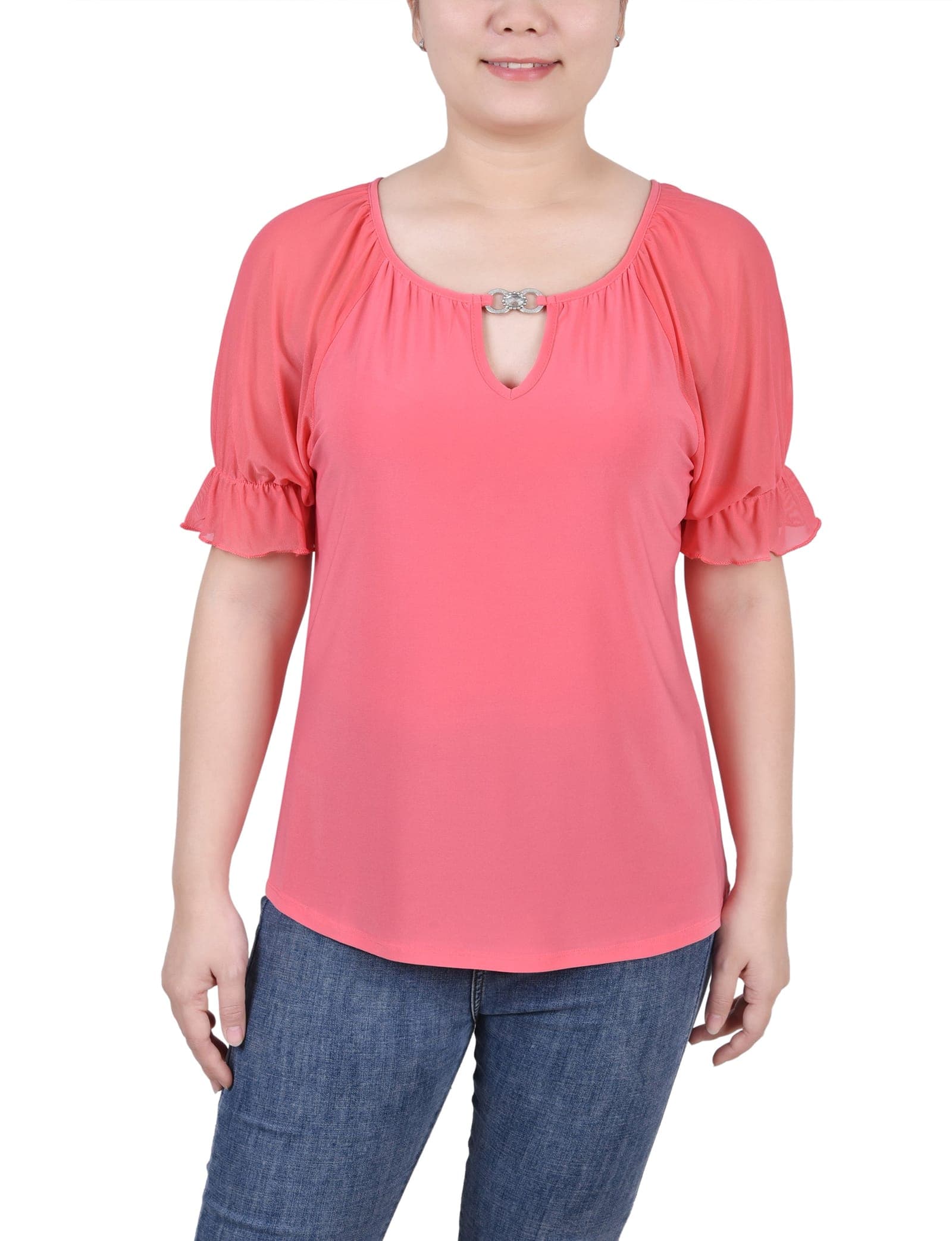 Petite Short Ruffle Sleeve Top with Rhinestones