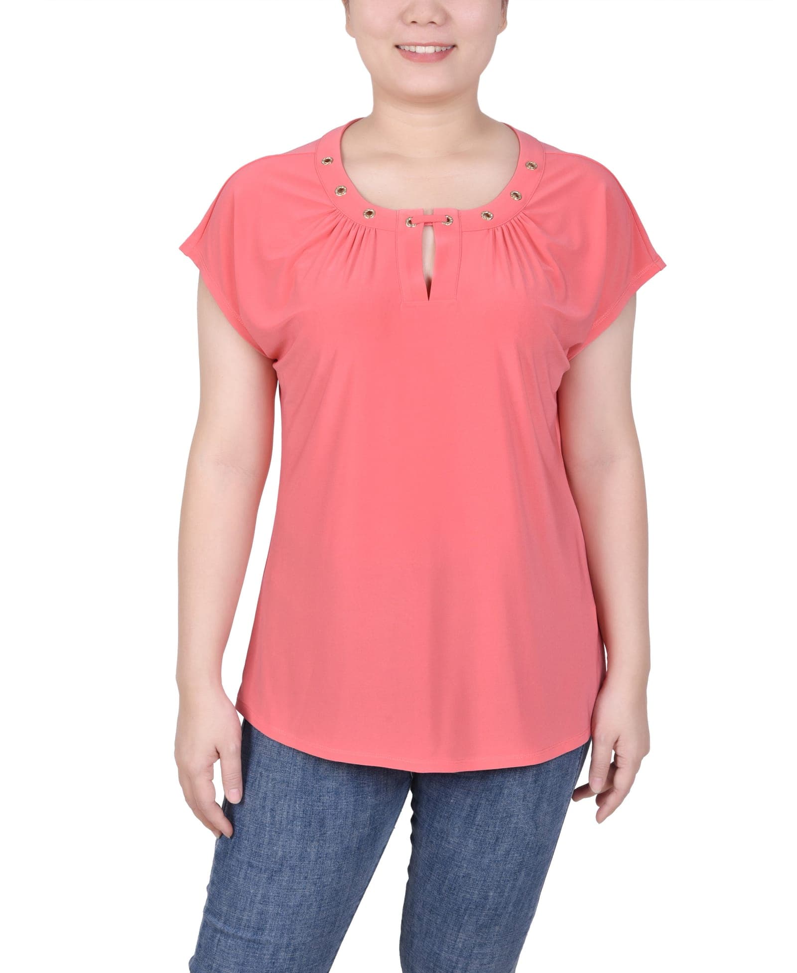 Short Extended-Sleeve Grommet Neck Knit Top