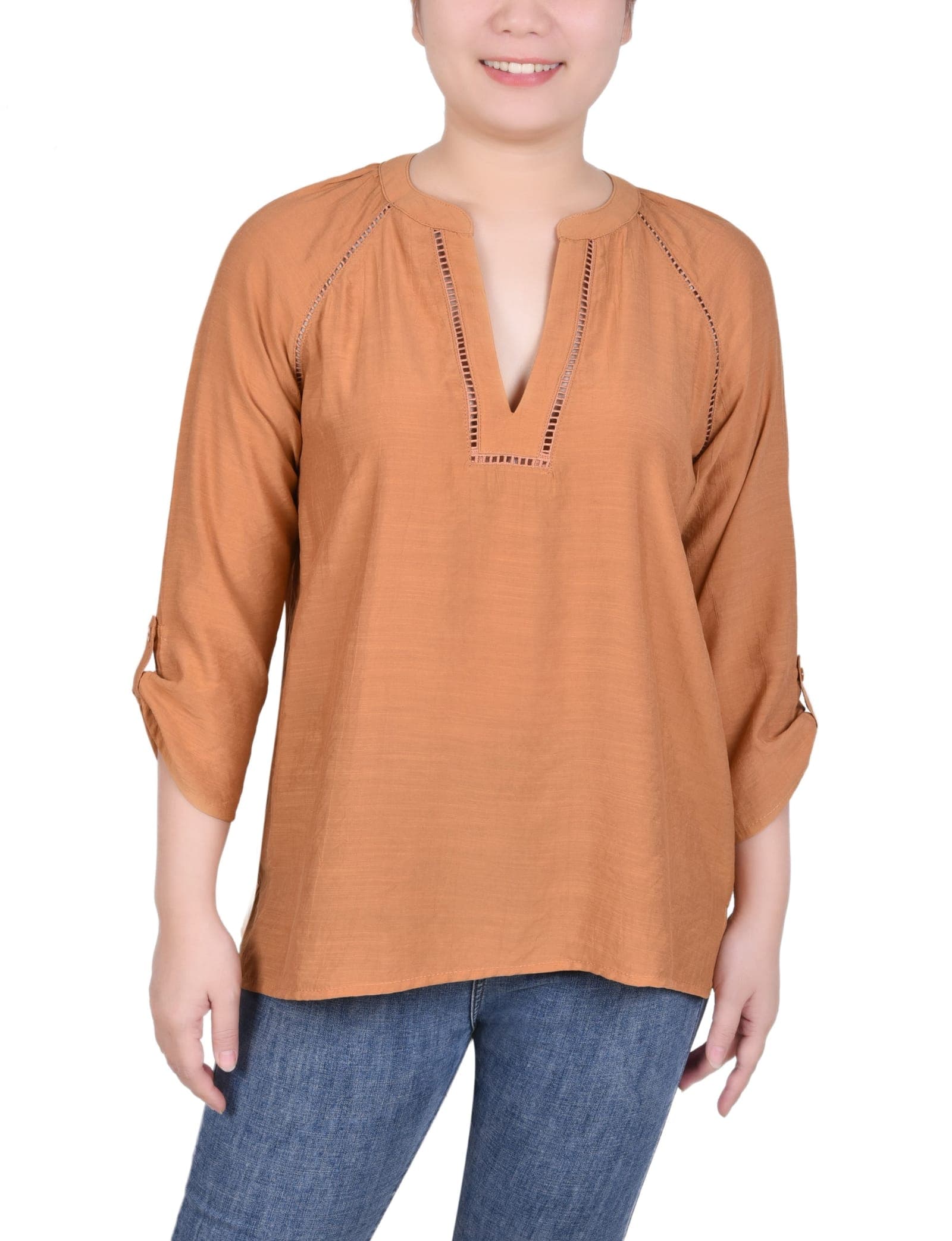 Raglan Sleeve Split-Neck Blouse