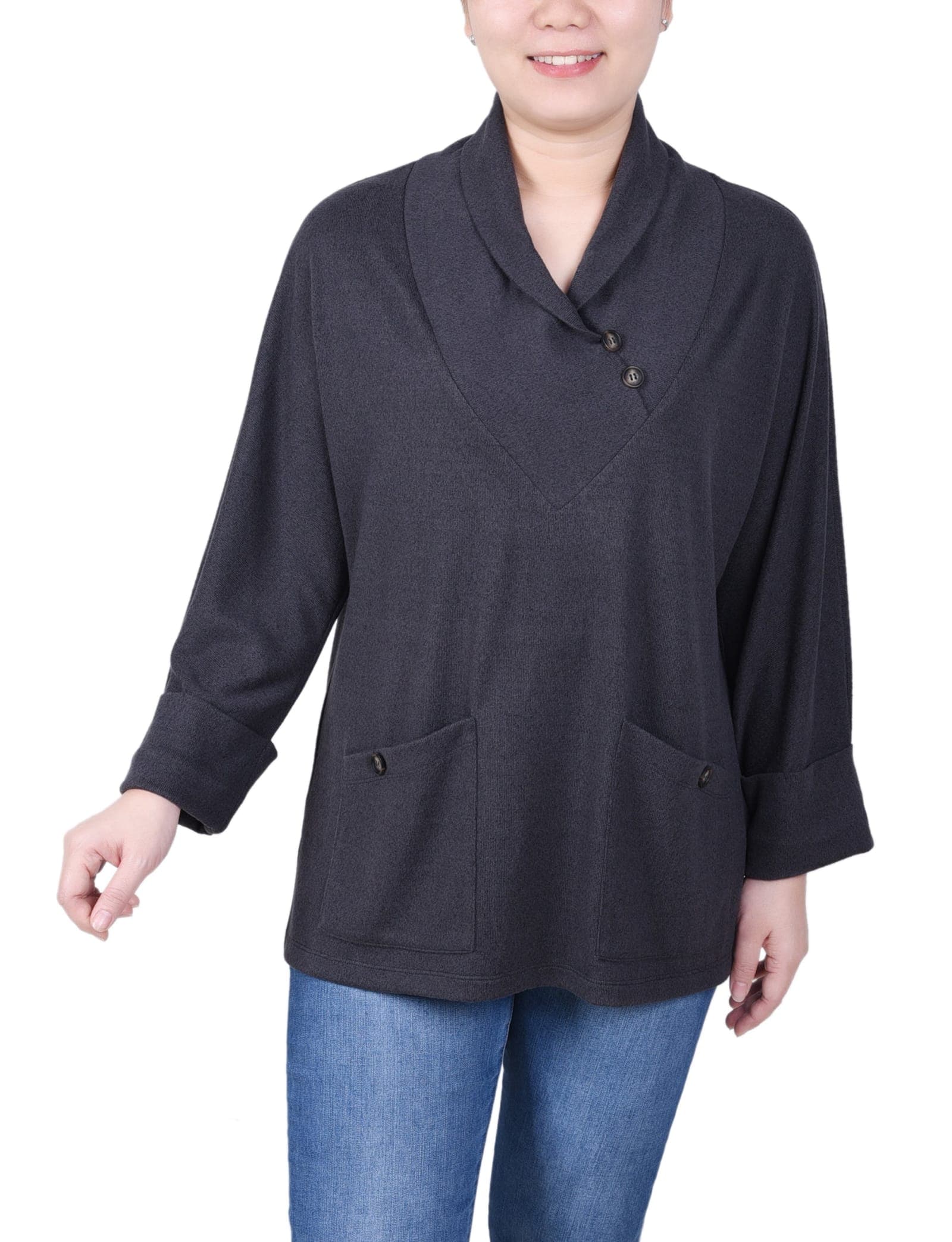Petite Long Sleeve Shawl Collar Top with Pockets