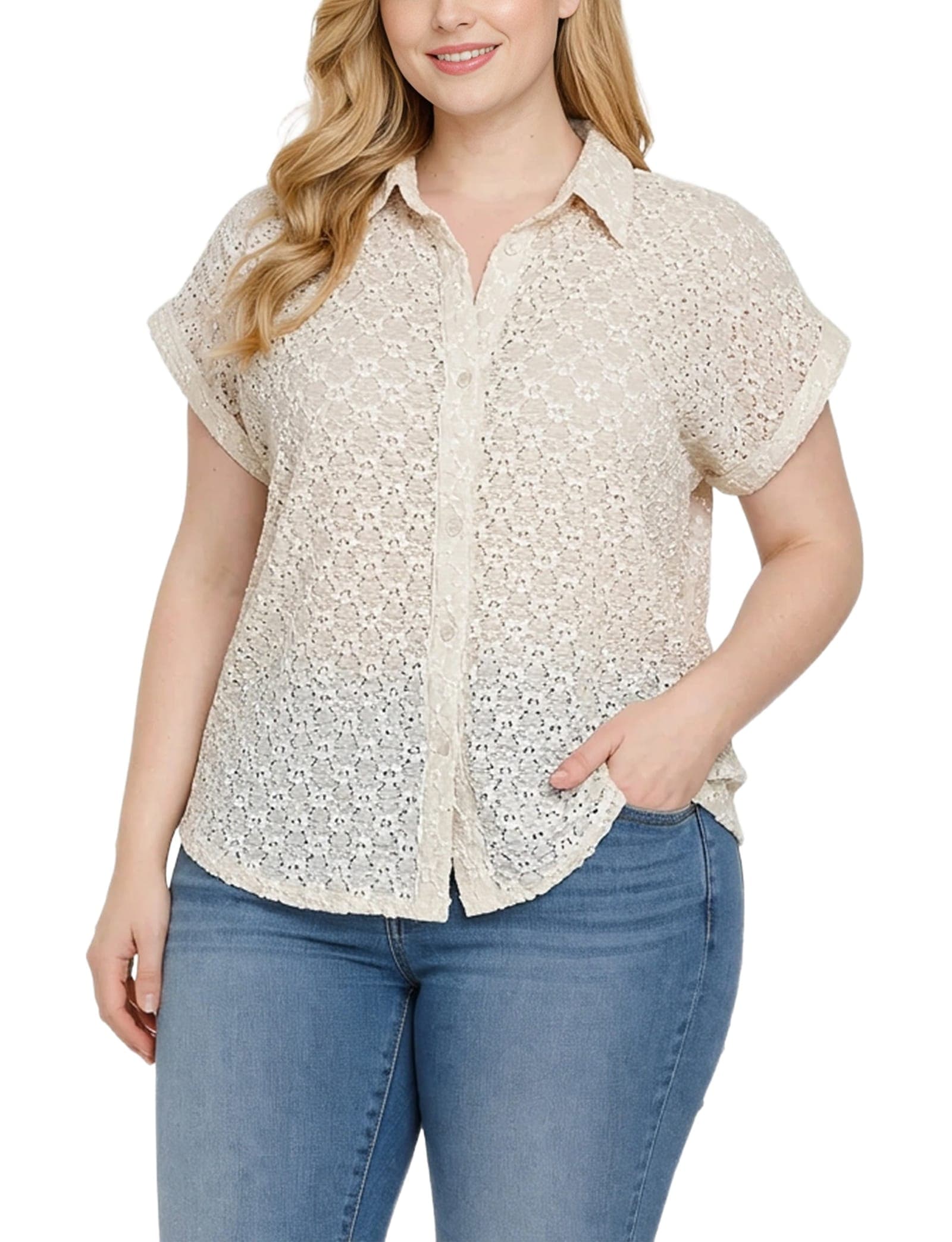 Plus Size Short Sleeve Lace Blouse