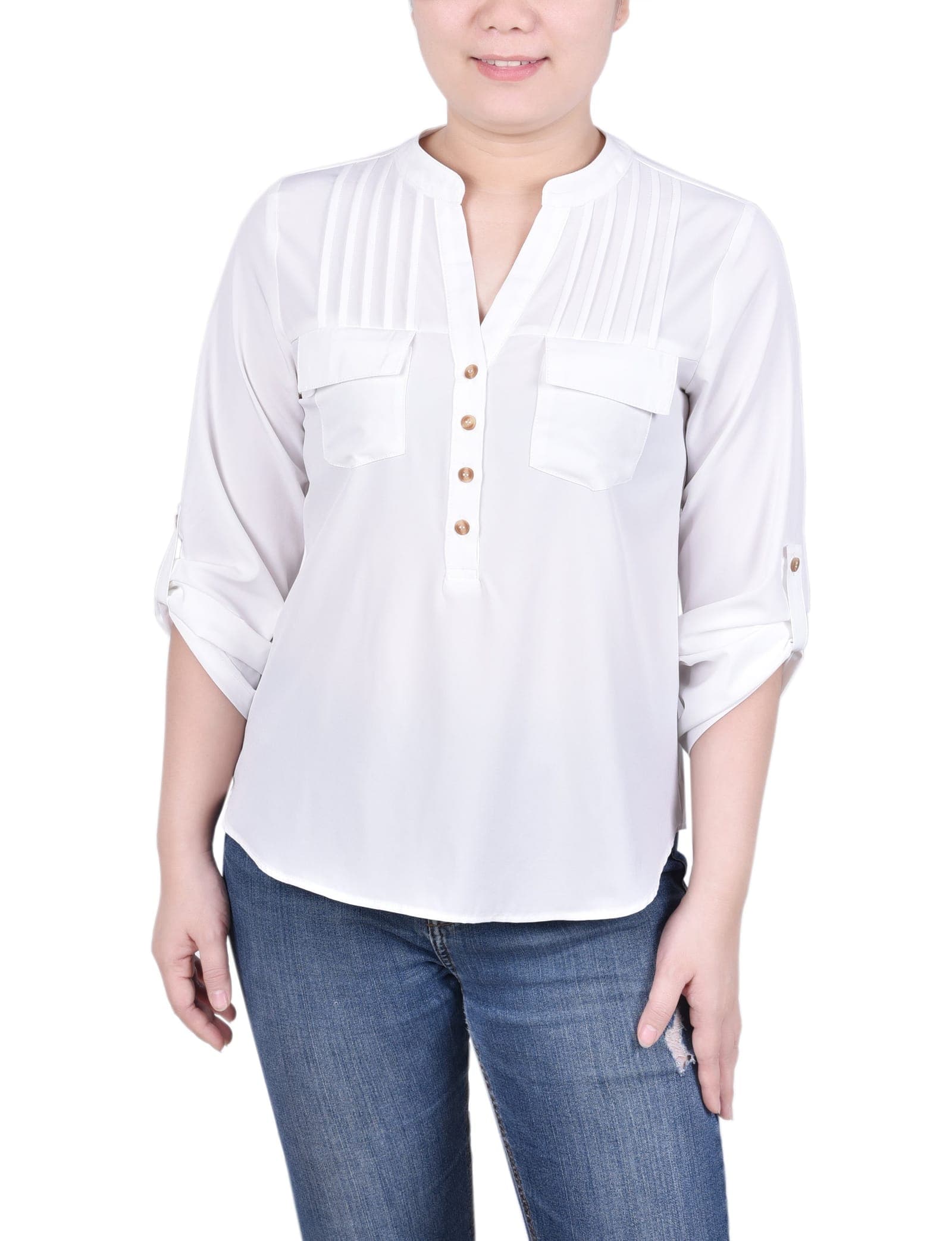 Long Tab-Sleeve Blouse with Pockets