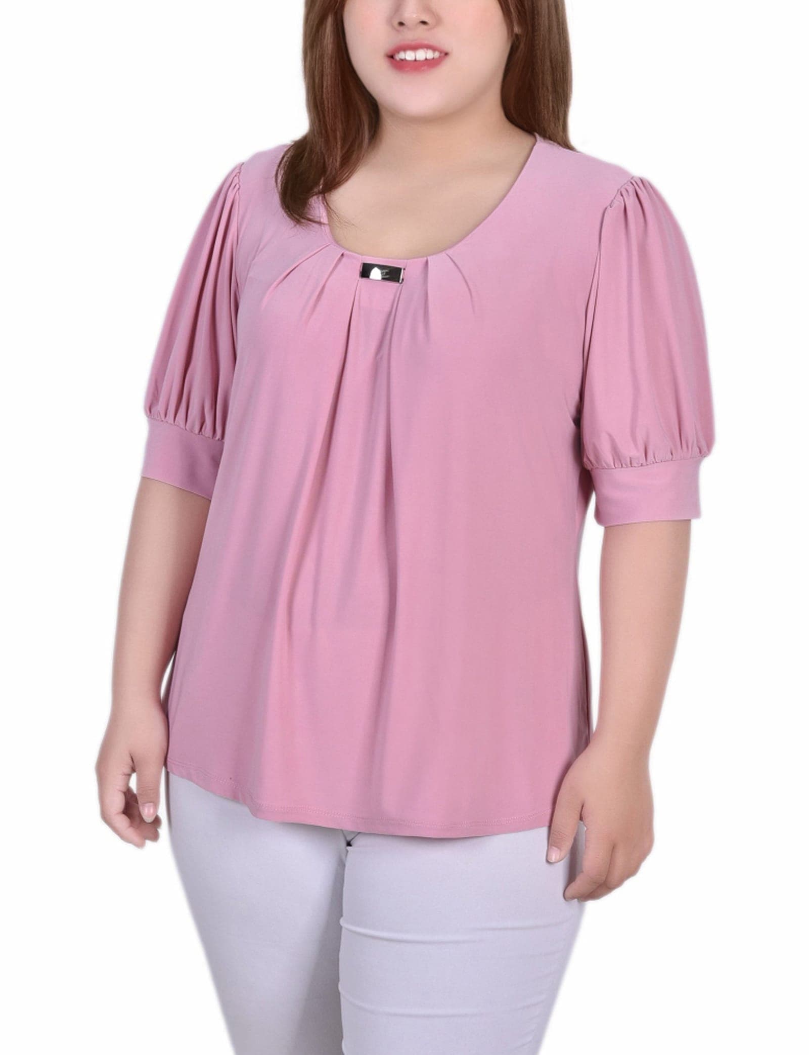Plus Size Short Sleeve Balloon Sleeve Top with Hardware