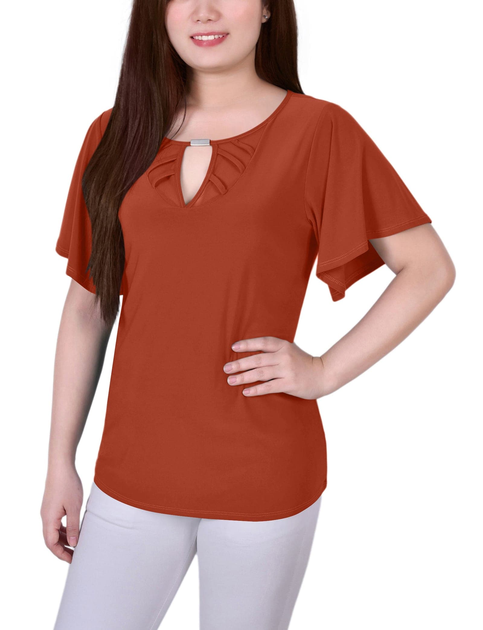 Petite Mesh Flutter Sleeve Knit Top