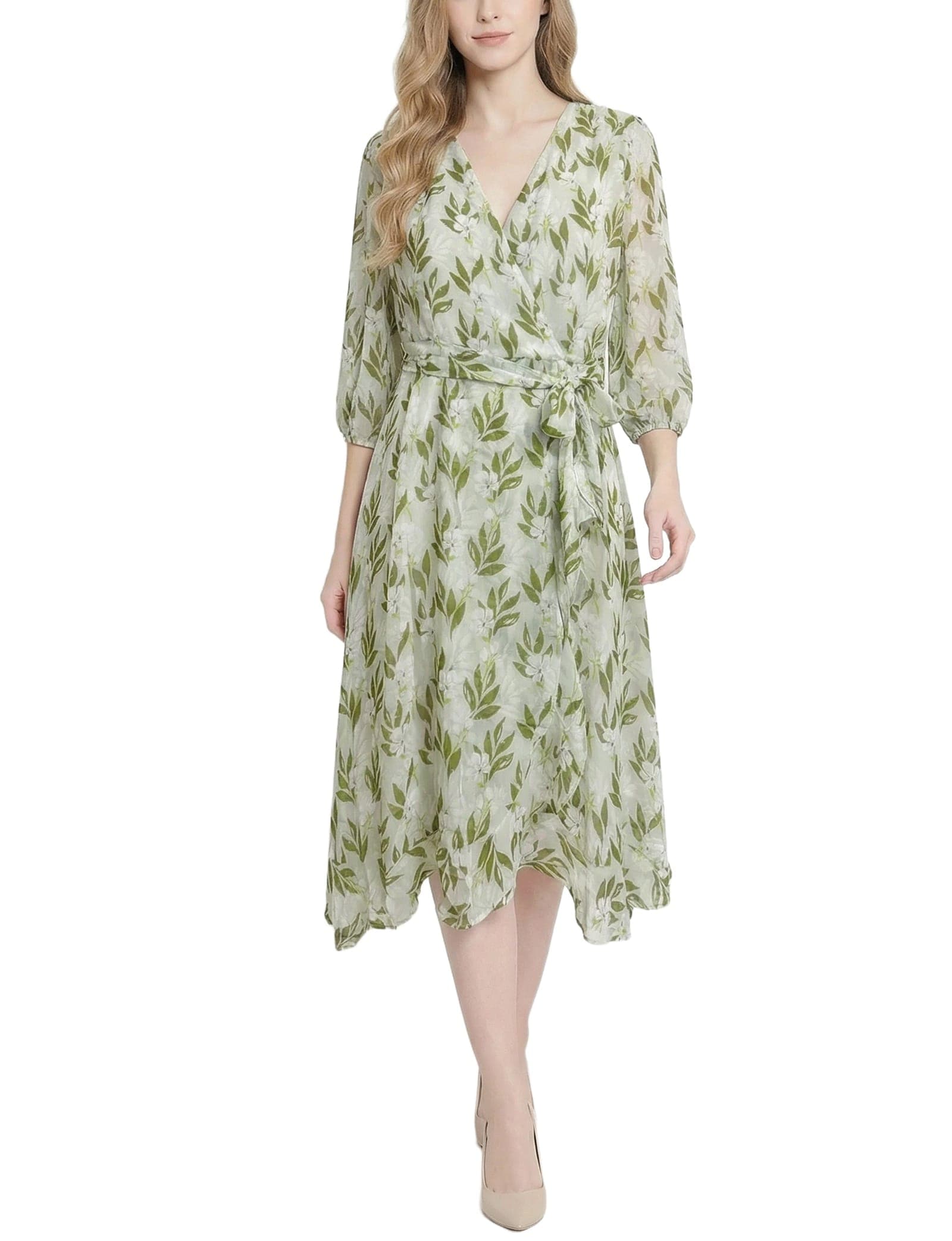 Petite 3/4 Sleeve V Neck Belted Chiffon Dress
