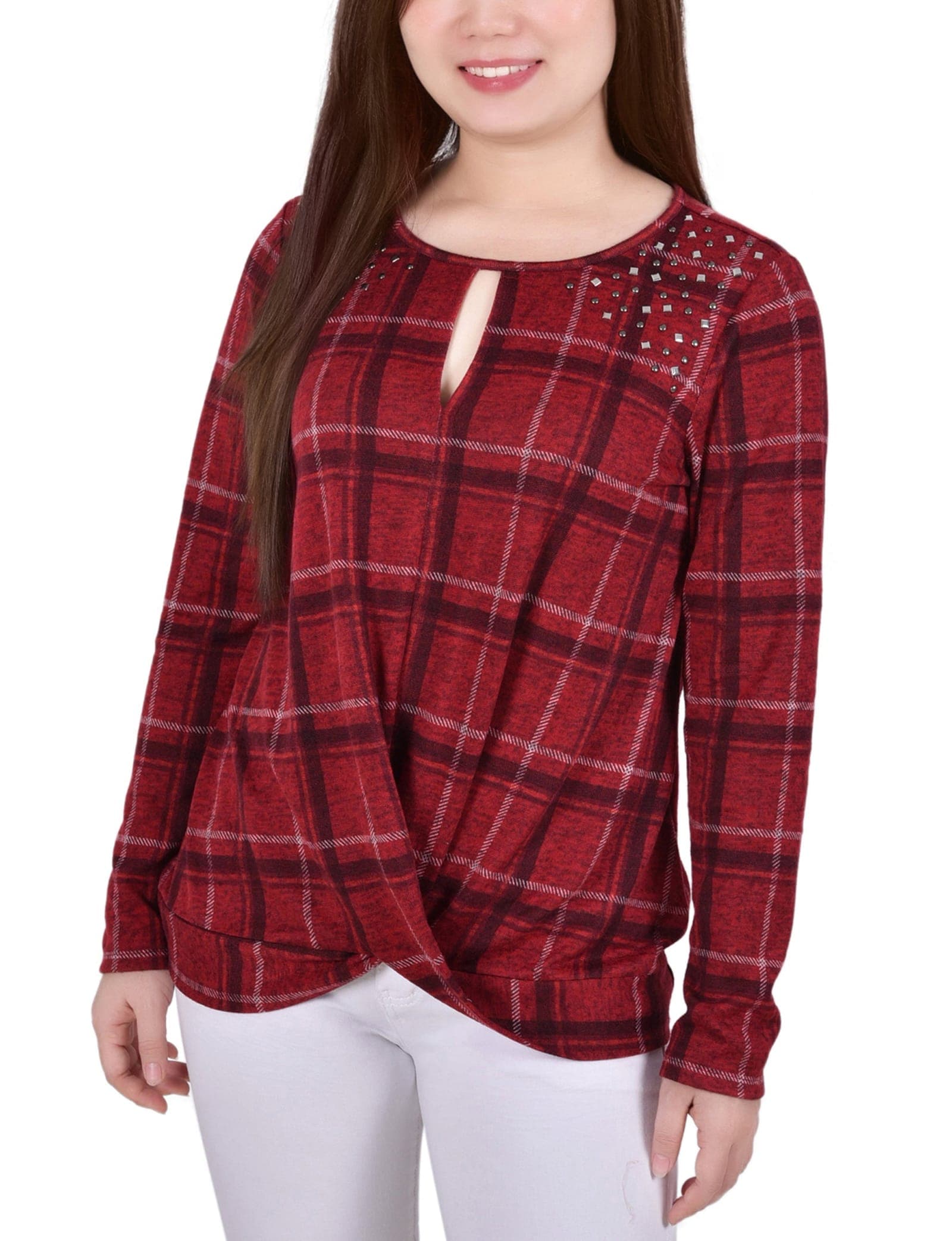 Petite Long Sleeve Knit Keyhole Top with Studs