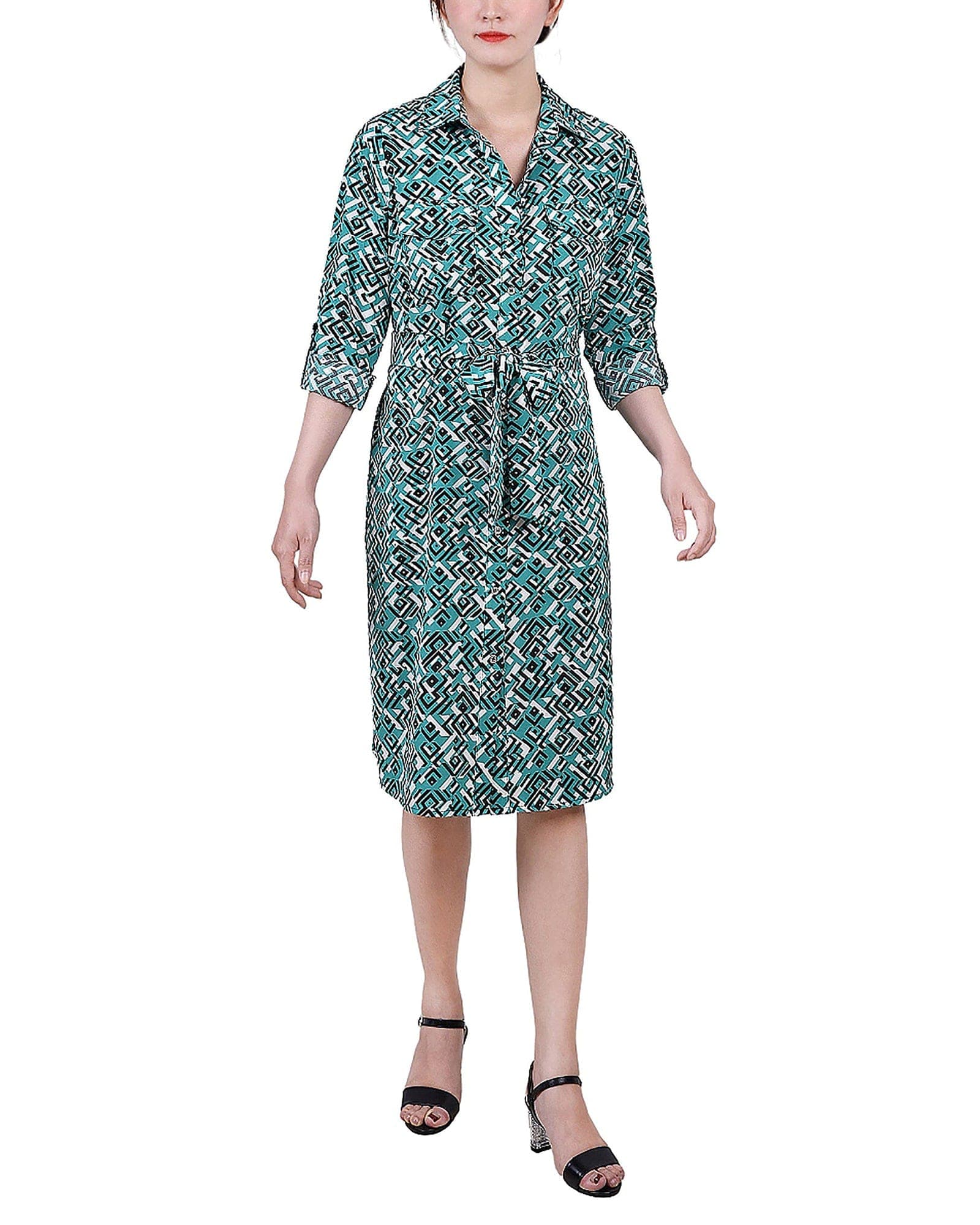 Petite 3/4 Roll Tab Sleeve Belted Shirtdress